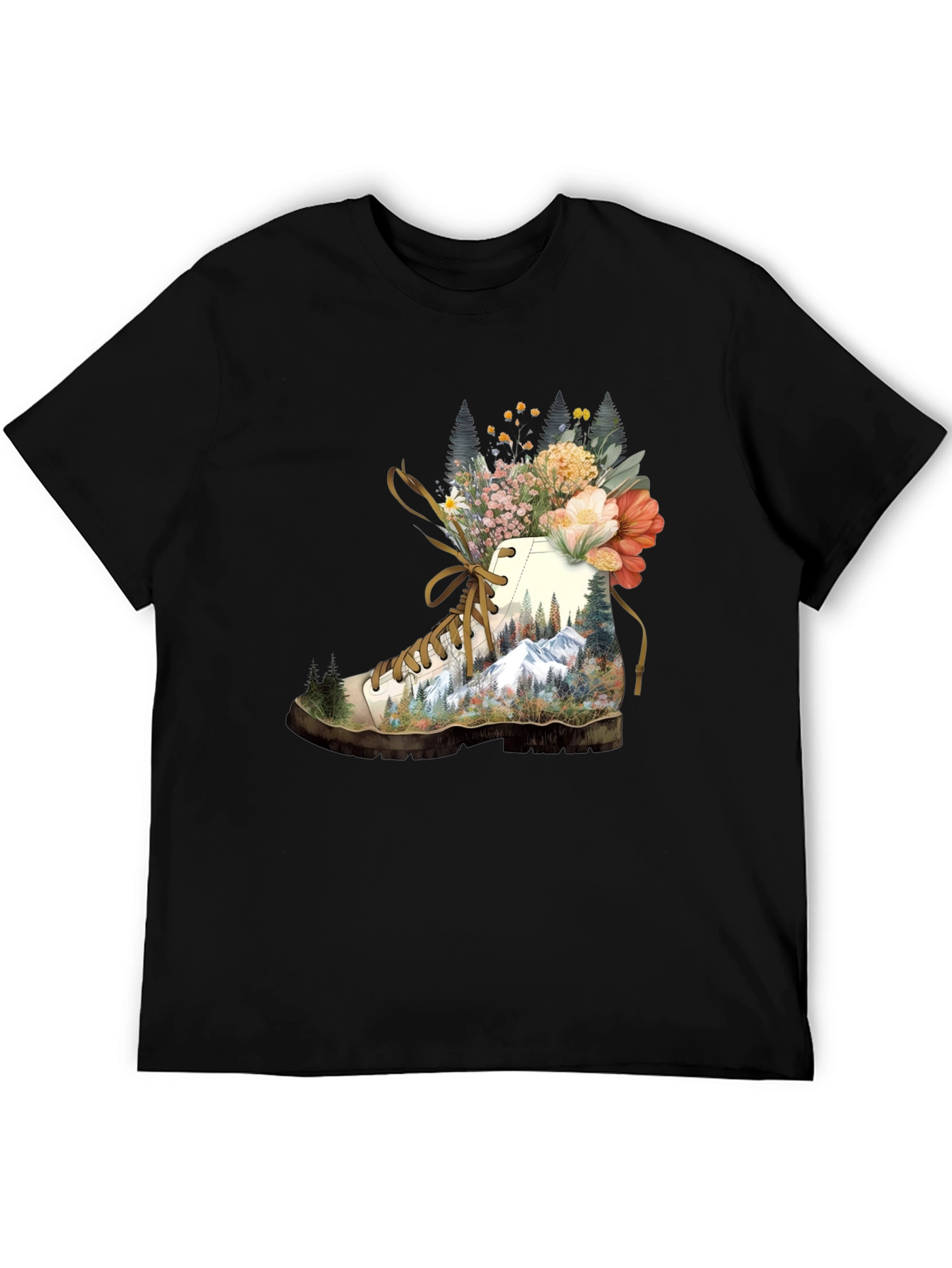 Hiking Boot with Floral Mountainscape T-Shirt