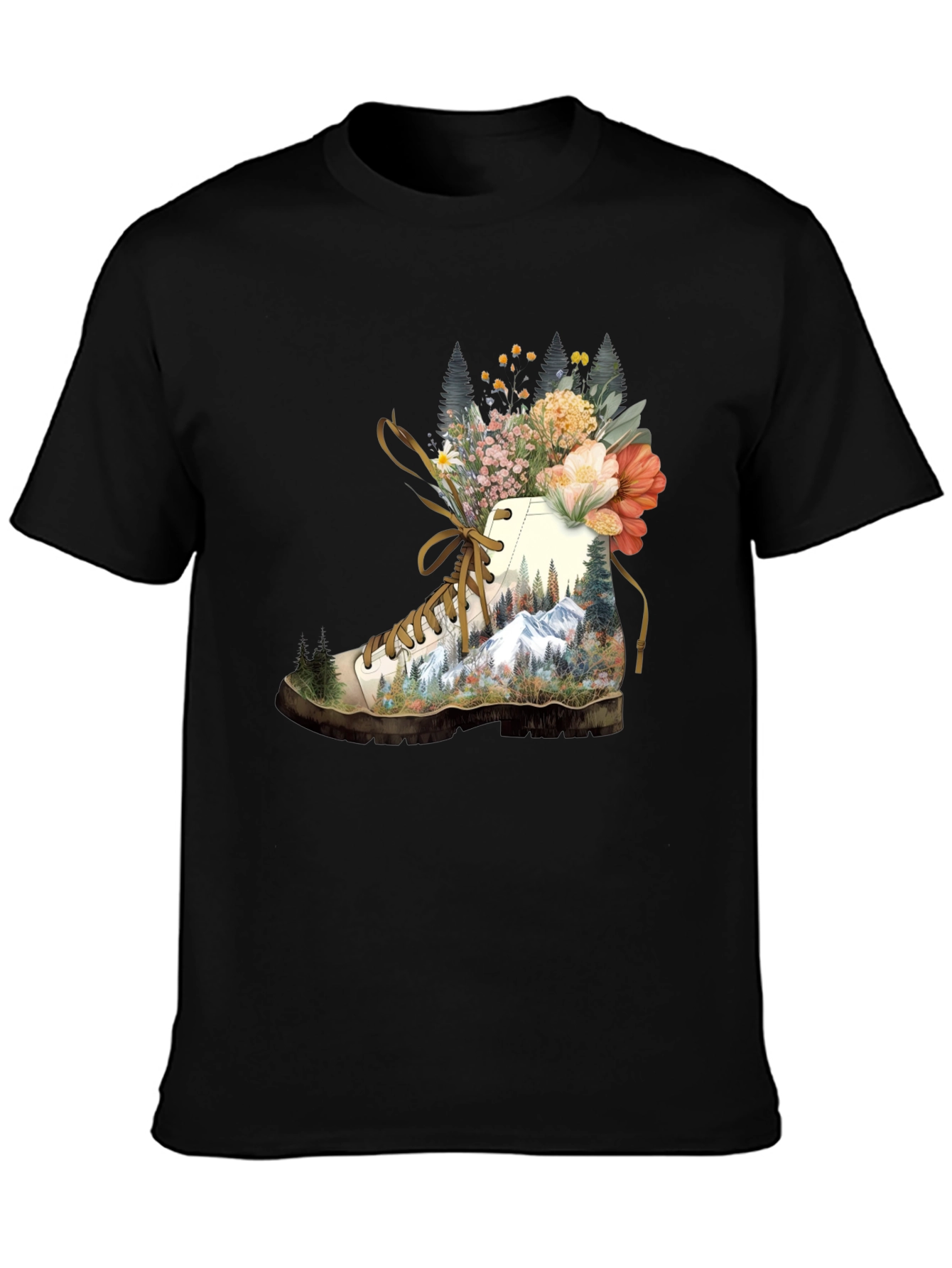 Hiking Boot with Floral Mountainscape T-Shirt