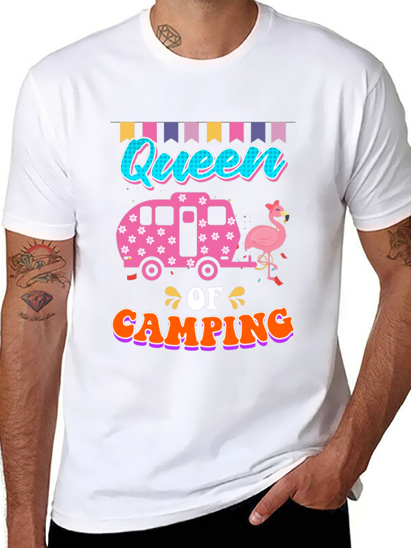 Queen of Camping T-Shirt: Flamingo & Camper Design