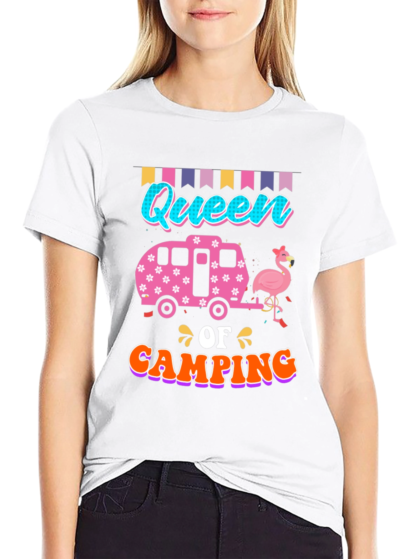 Queen of Camping T-Shirt: Flamingo & Camper Design