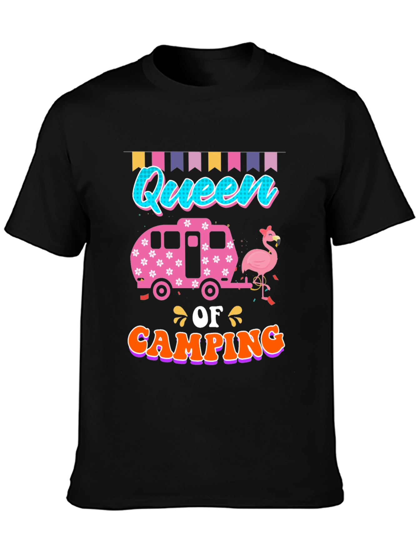 Queen of Camping T-Shirt: Flamingo & Camper Design