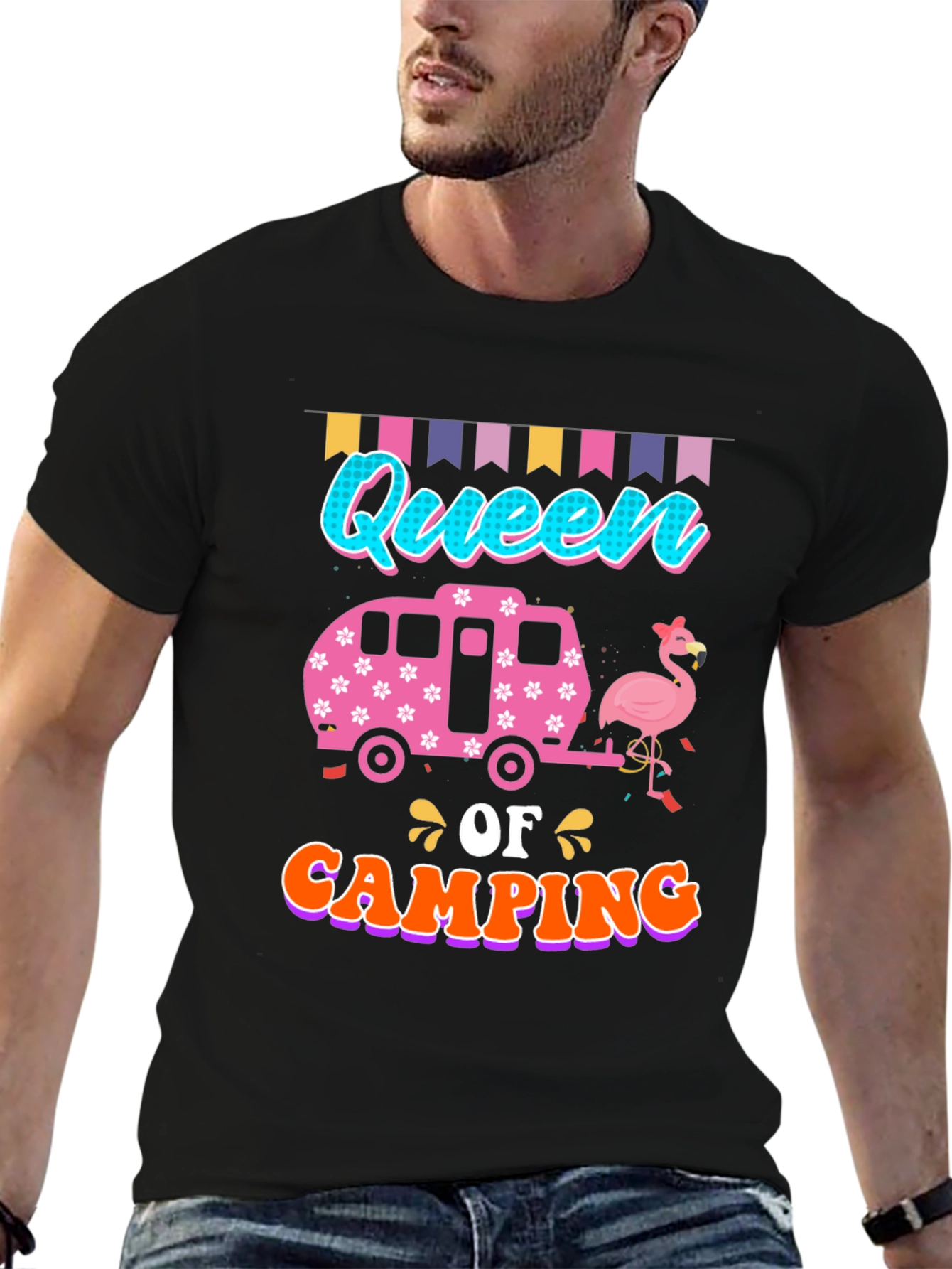 Queen of Camping T-Shirt: Flamingo & Camper Design