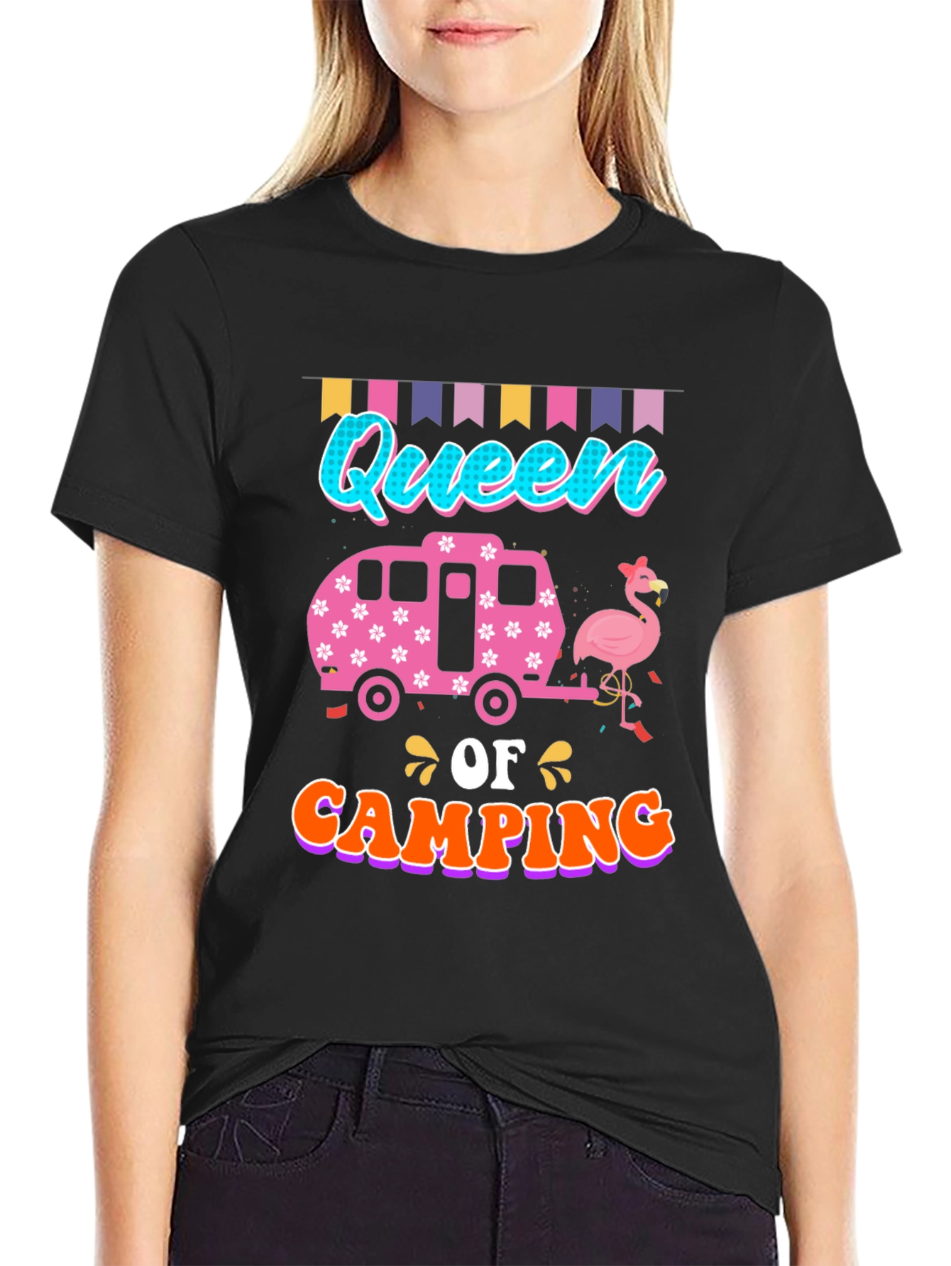 Queen of Camping T-Shirt: Flamingo & Camper Design