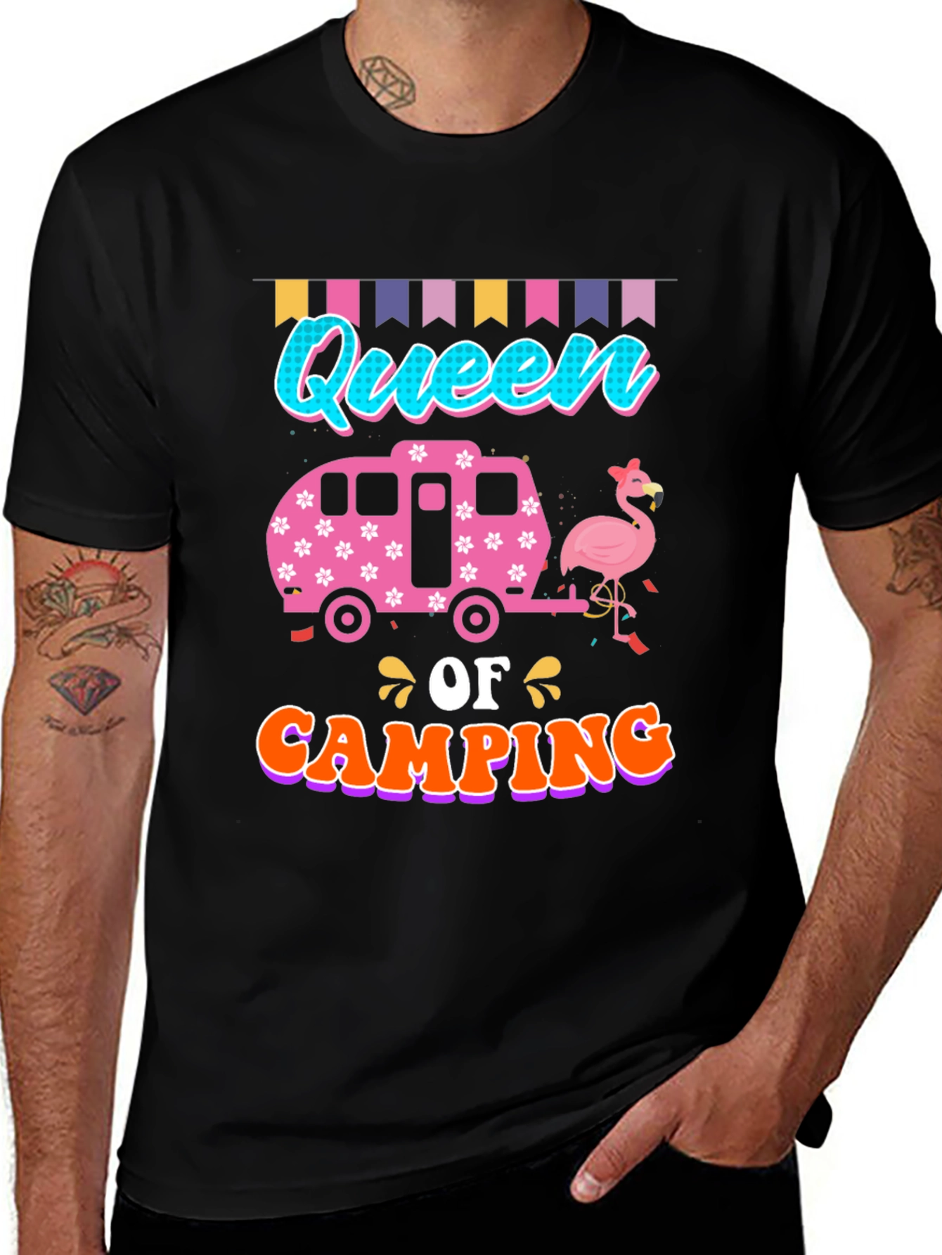 Queen of Camping T-Shirt: Flamingo & Camper Design
