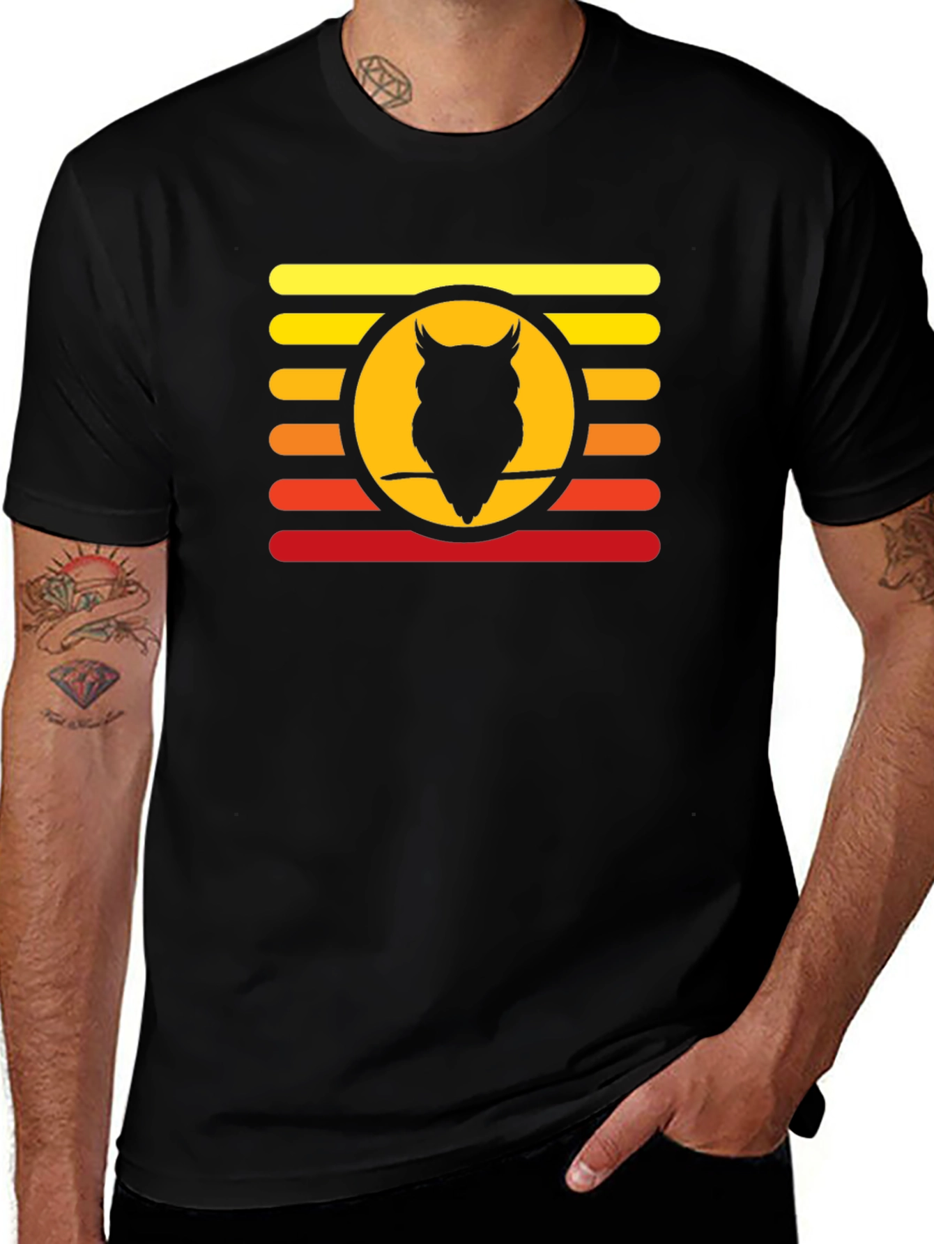 Sunset Owl Graphic Tee - Retro Style Mens T-Shirt