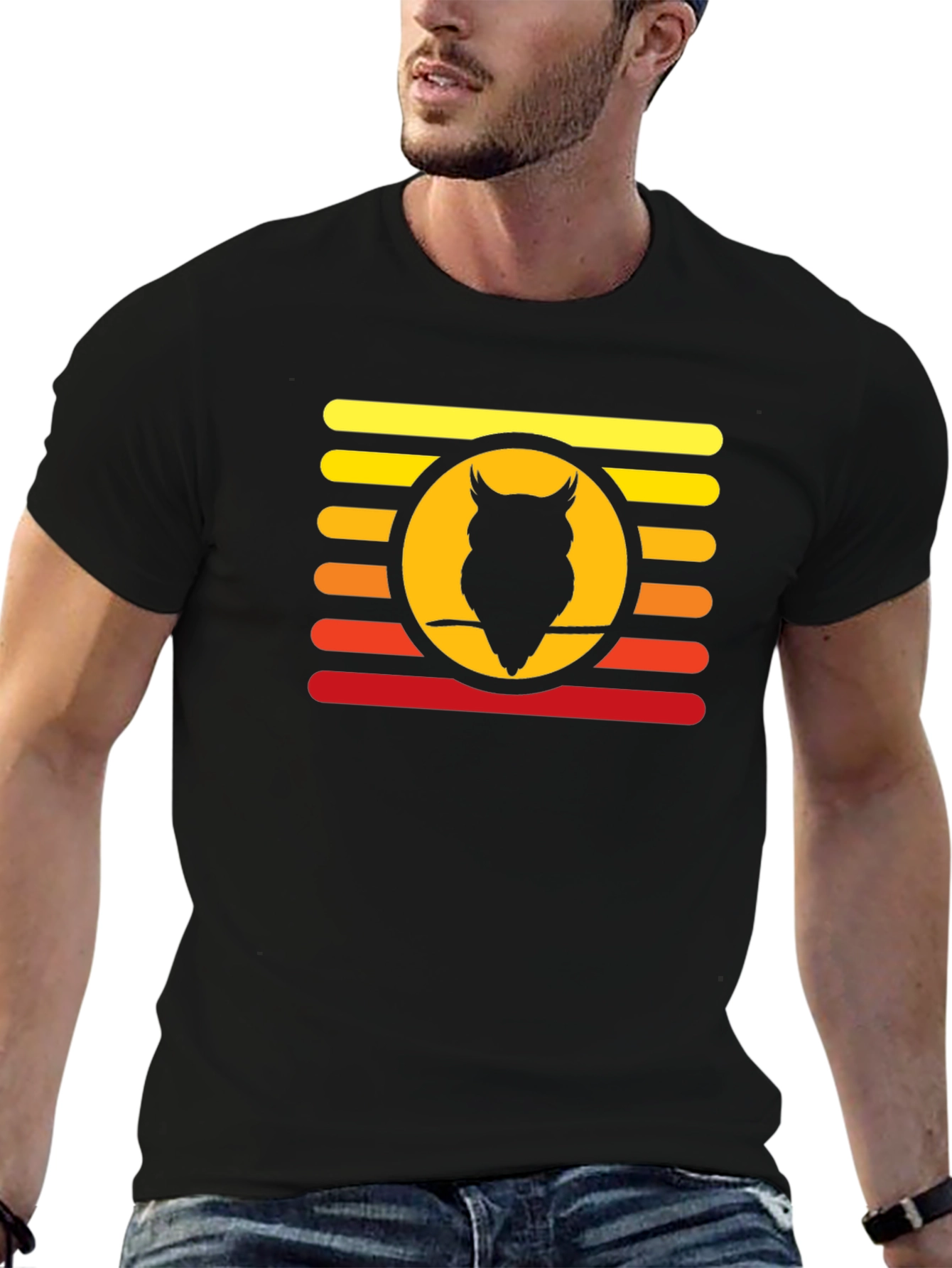 Sunset Owl Graphic Tee - Retro Style Mens T-Shirt
