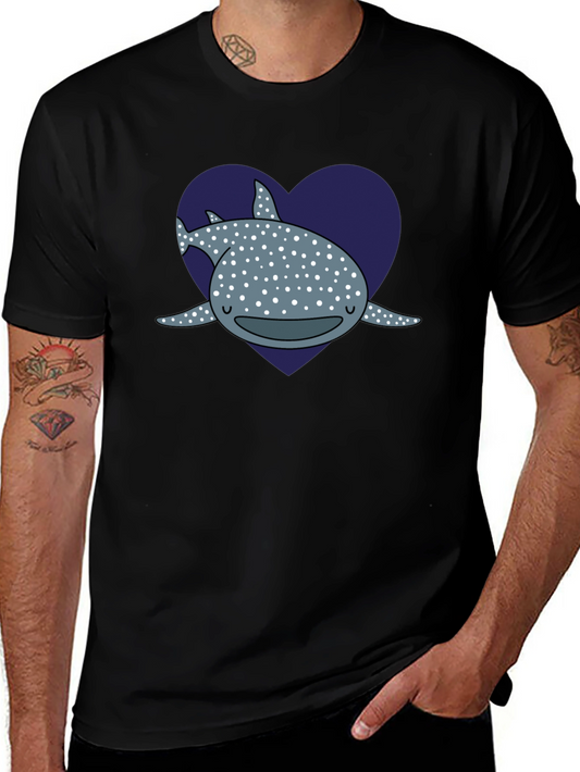 Cute Whale Shark Heart Graphic Tee - Black Cotton T-Shirt