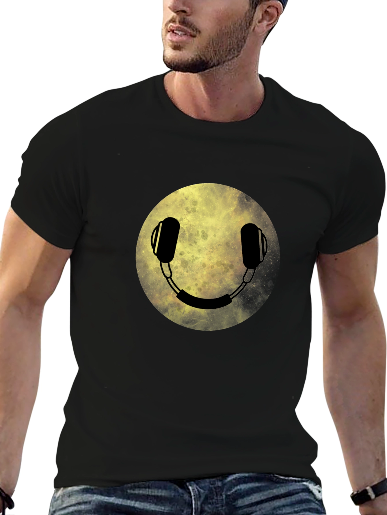 Headphone Smiley Face Graphic Tee - Black
