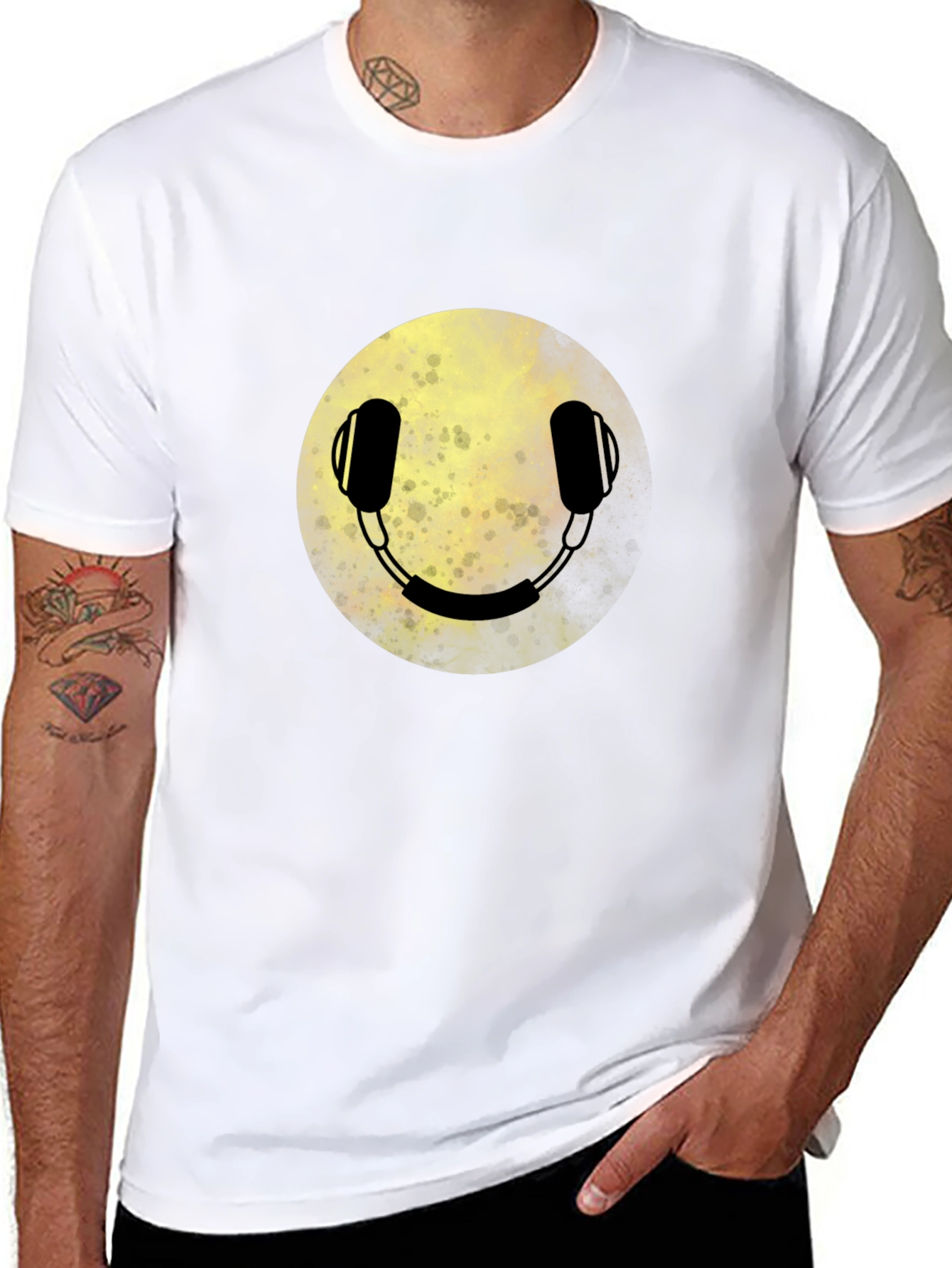 Headphone Smiley Face Graphic Tee - Black