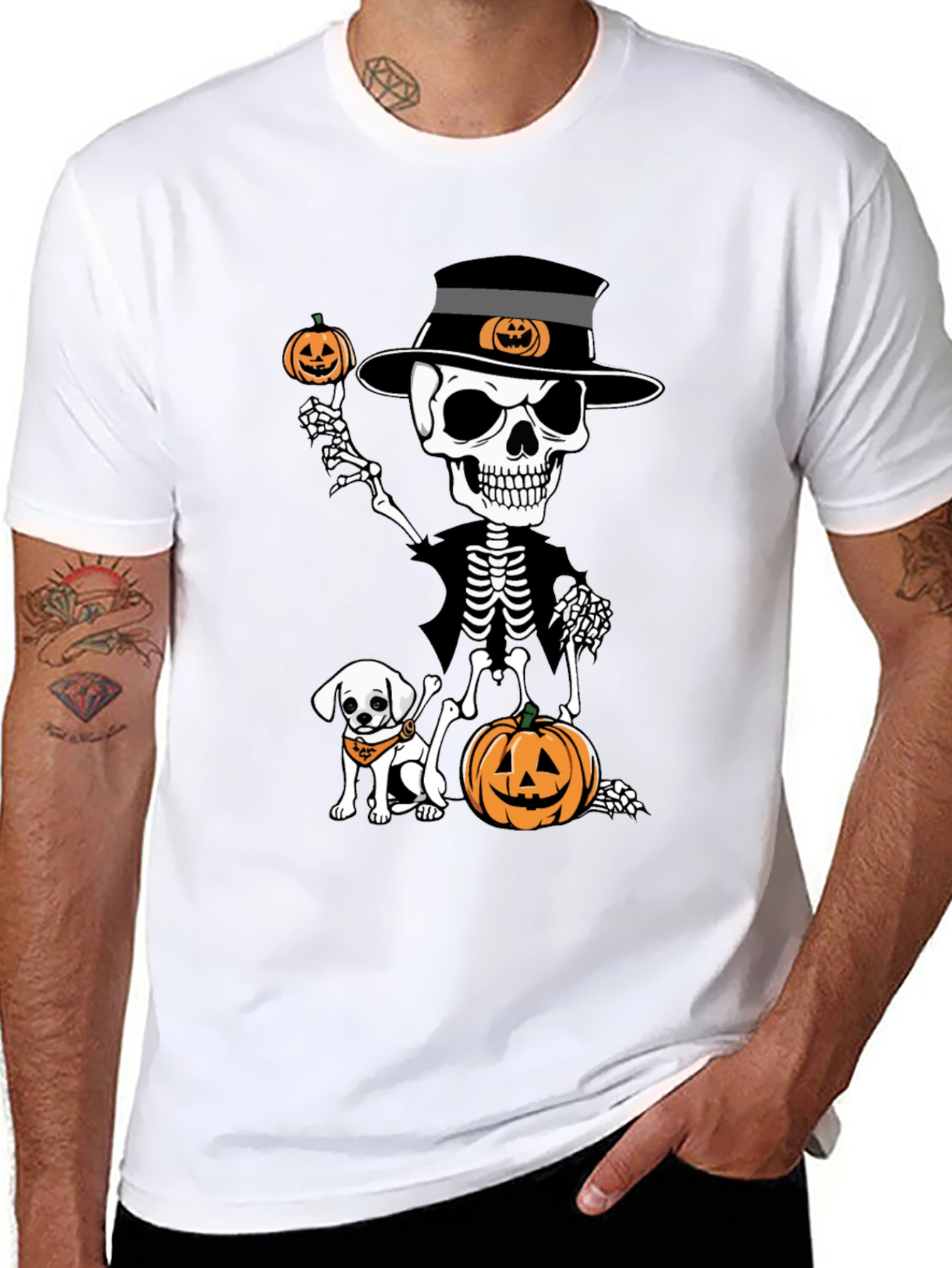 Halloween Skeleton Dog & Pumpkin Graphic Tee