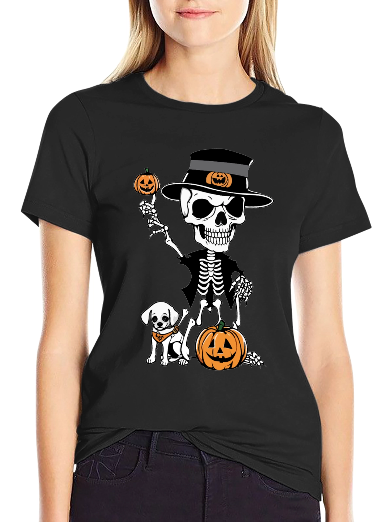 Halloween Skeleton Dog & Pumpkin Graphic Tee
