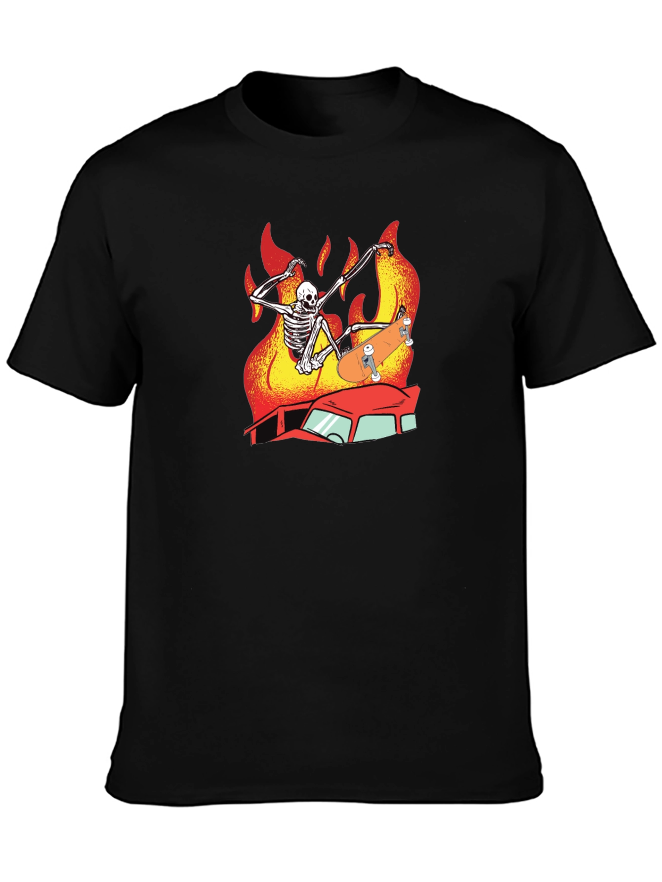 Skeleton Skateboard T-Shirt Burning Car Graphic Tee