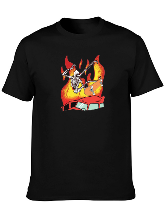 Skeleton Skateboard T-Shirt Burning Car Graphic Tee