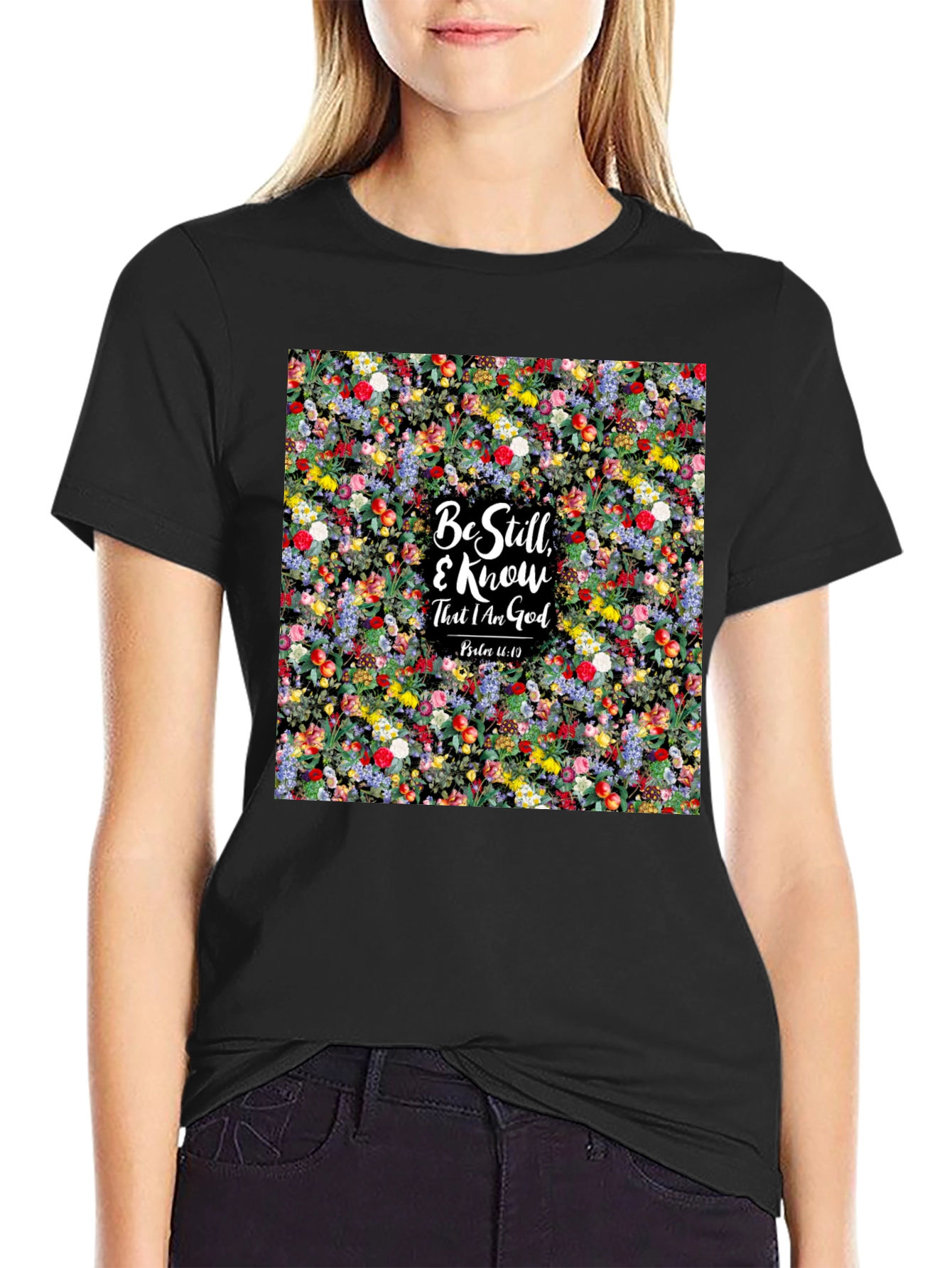 Floral Be Still & Know God Black T-Shirt