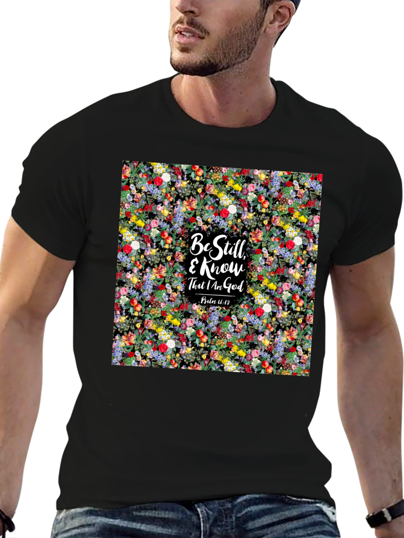 Floral Be Still & Know God Black T-Shirt
