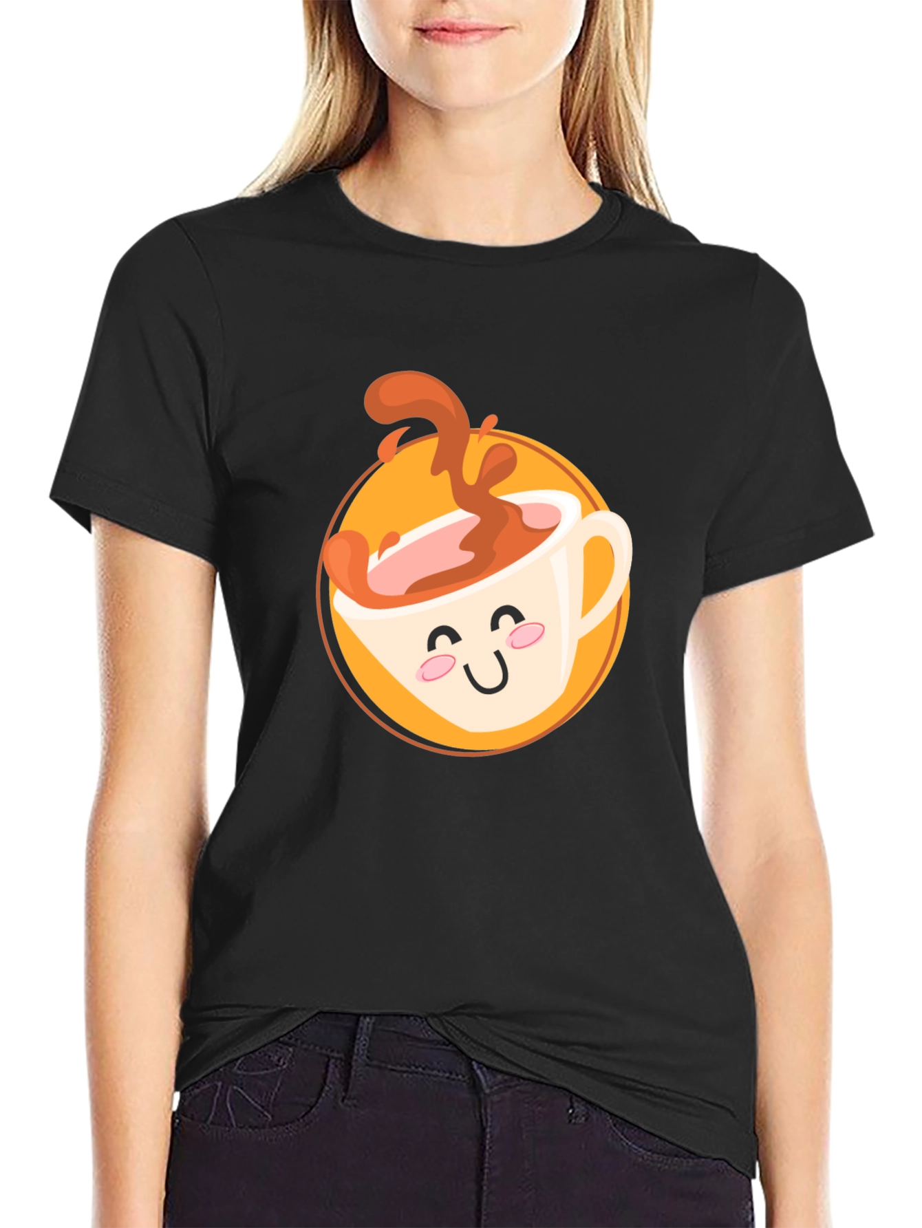 Cute Coffee Cup Graphic T-Shirt - Black