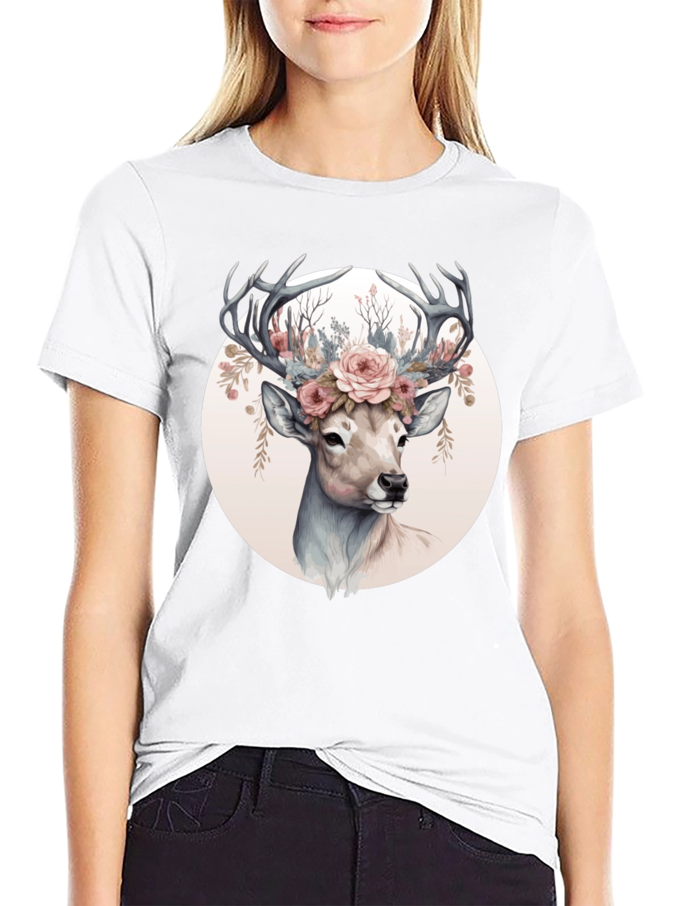 Deer Floral Crown Black T-Shirt