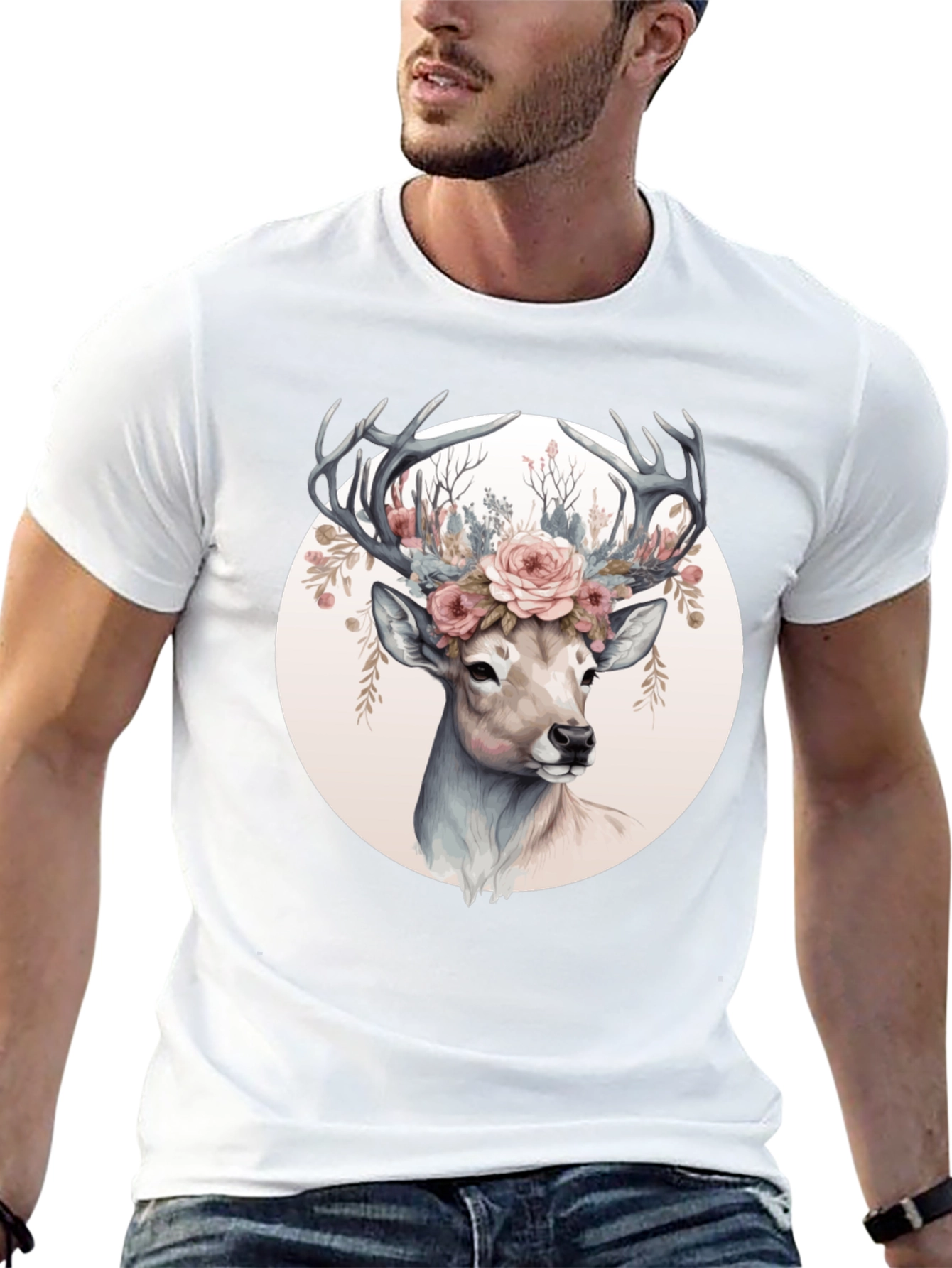 Deer Floral Crown Black T-Shirt