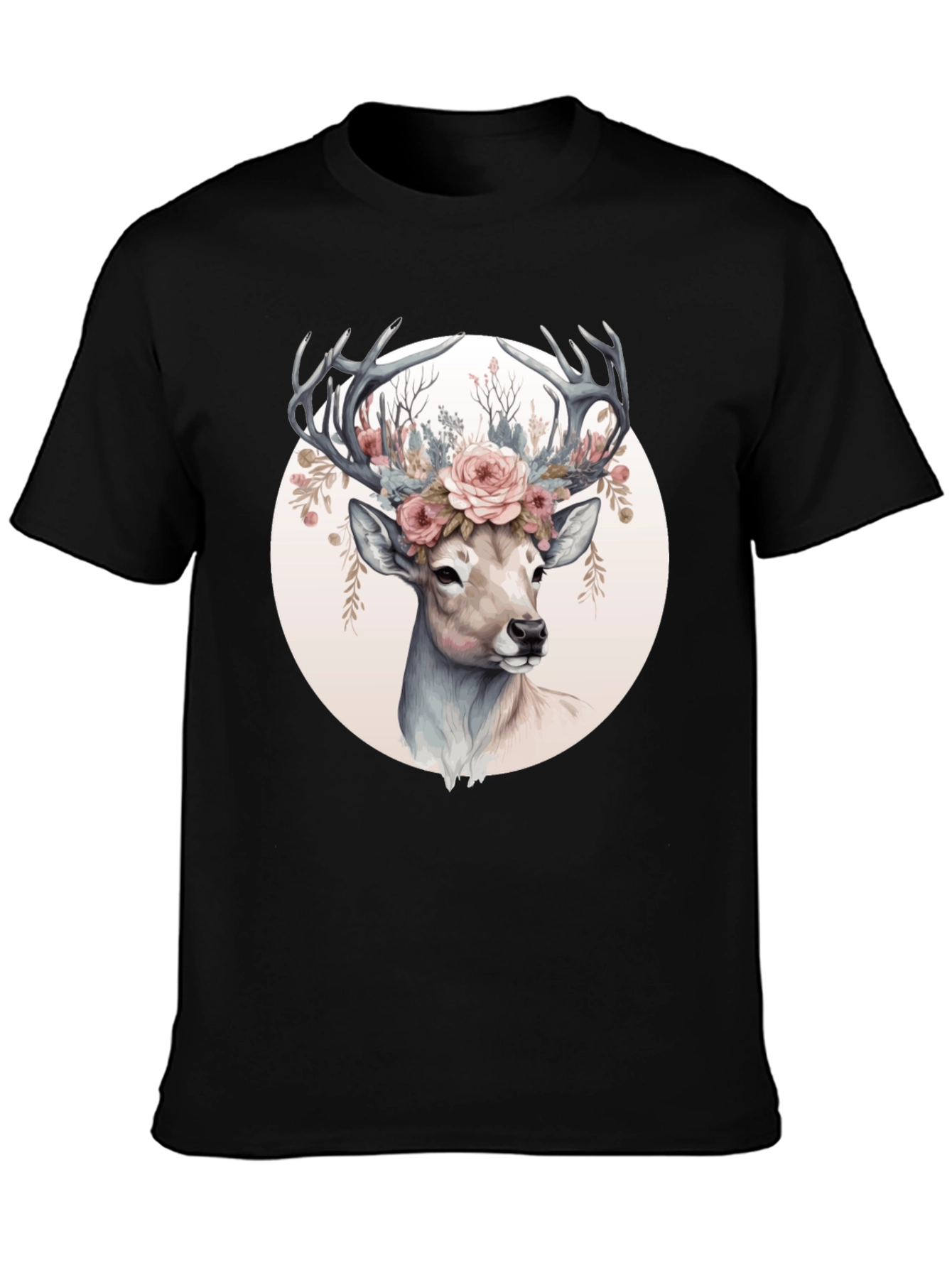 Deer Floral Crown Black T-Shirt