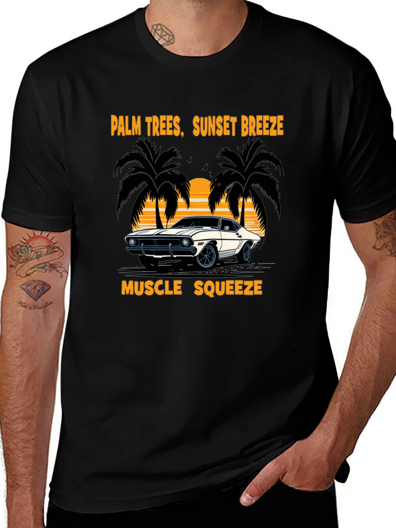 Palm Trees Sunset Breeze Muscle Car T-Shirt