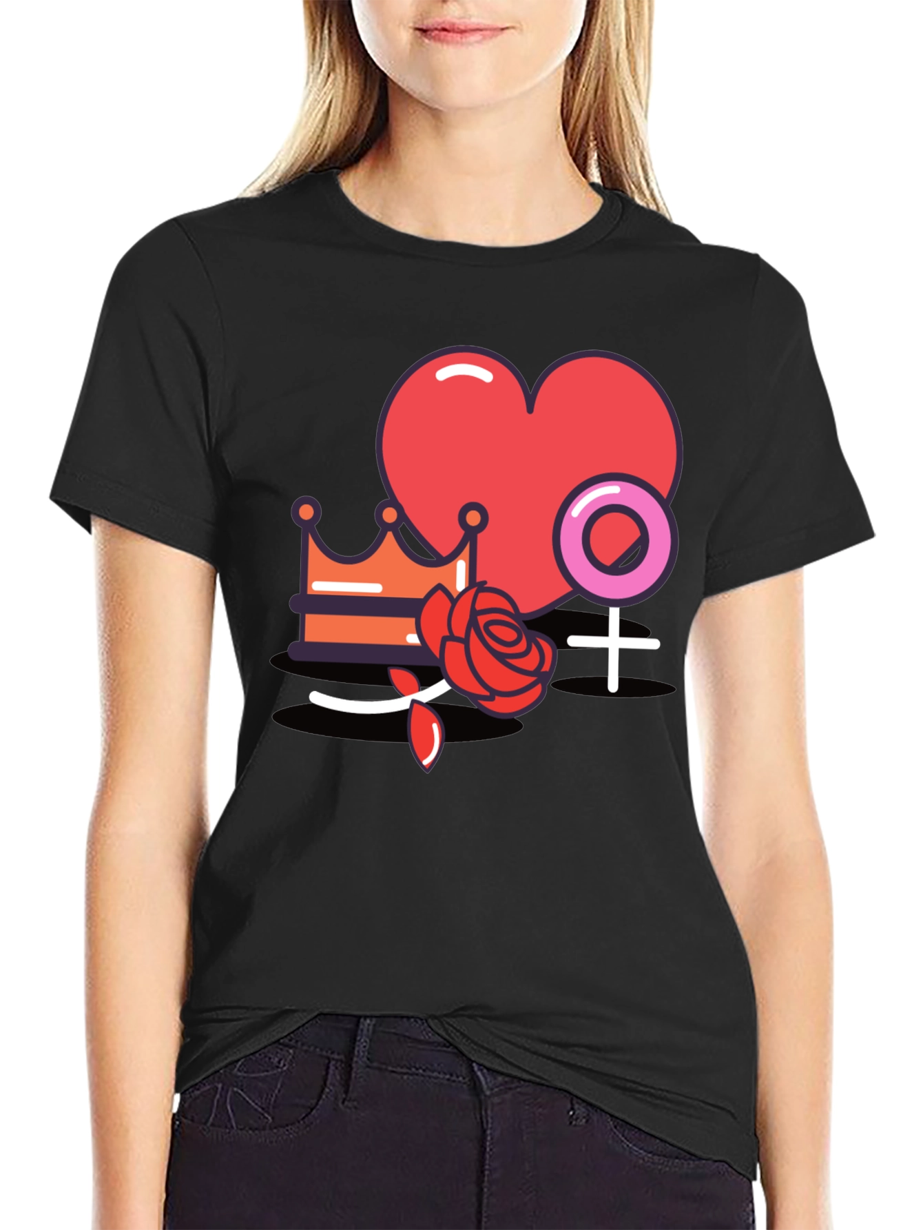 Heart Crown Rose Graphic Black T-Shirt