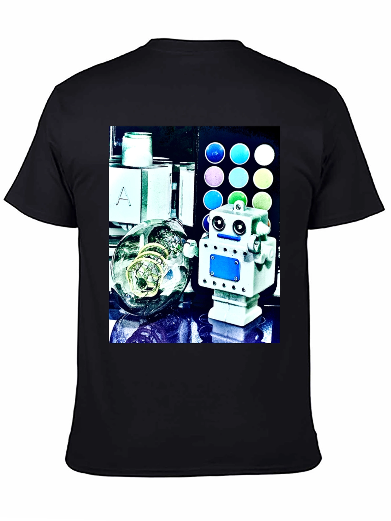 Robot & Bulb Print Black T-Shirt