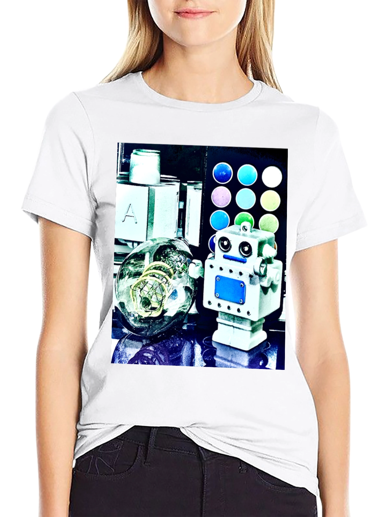 Robot & Bulb Print Black T-Shirt
