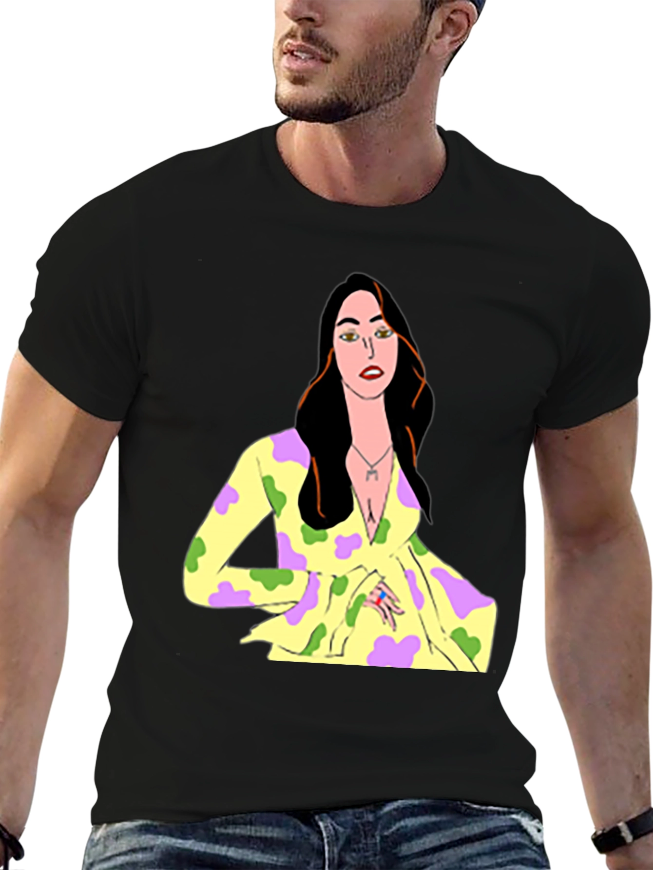 Unique Cartoon Woman Graphic Black T-Shirt