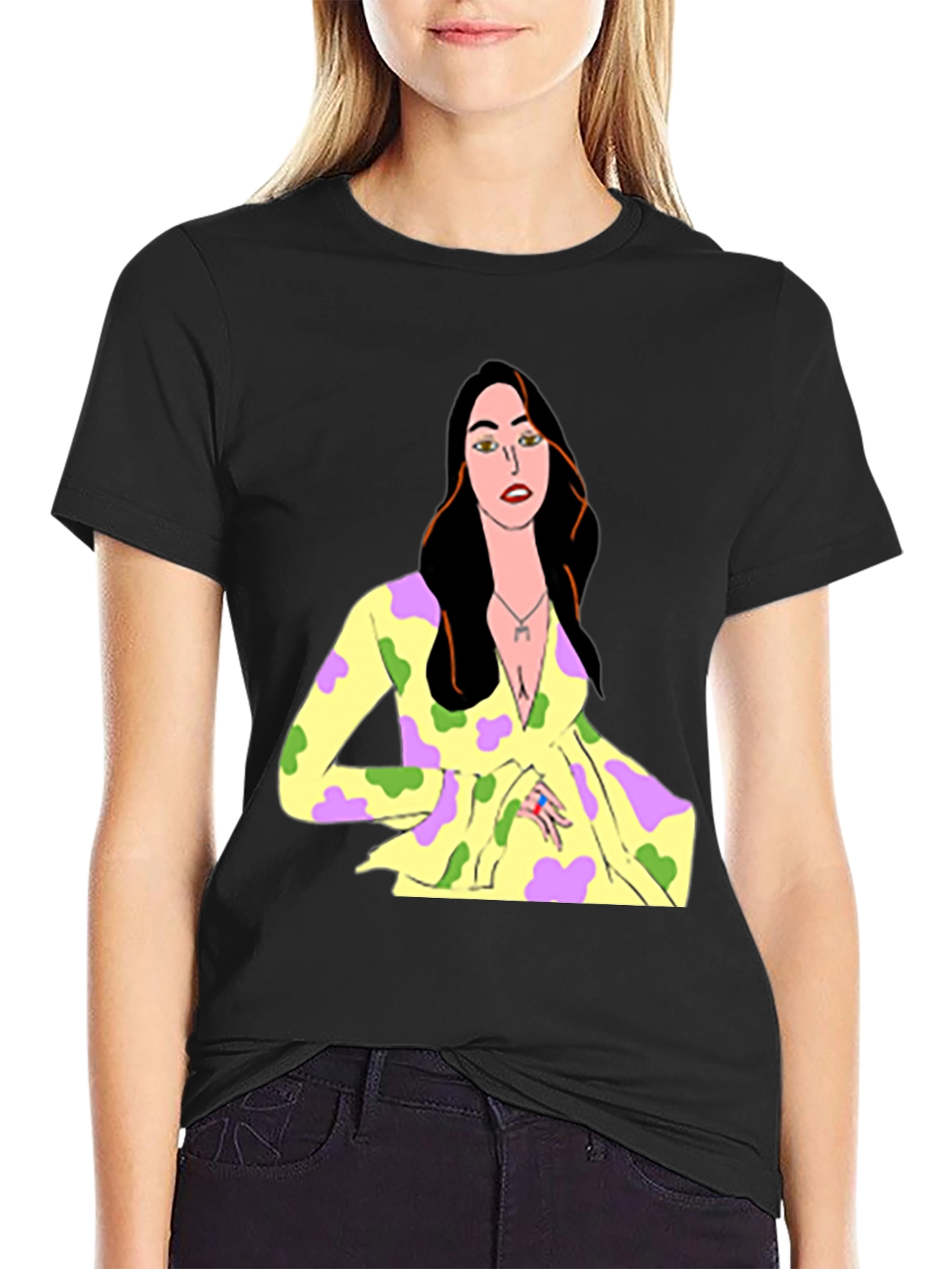 Unique Cartoon Woman Graphic Black T-Shirt