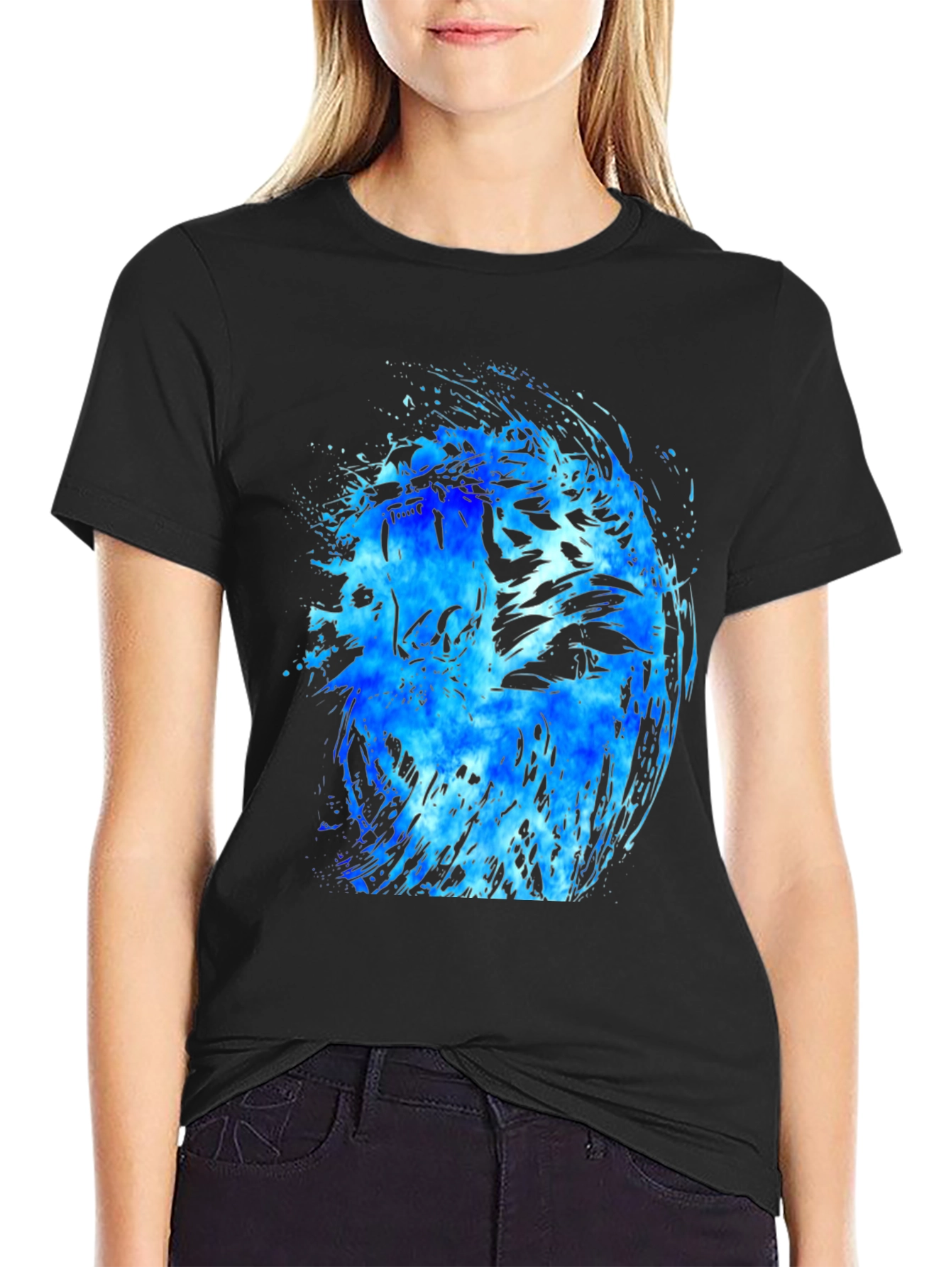 Blue Tiger Graphic Black T-Shirt