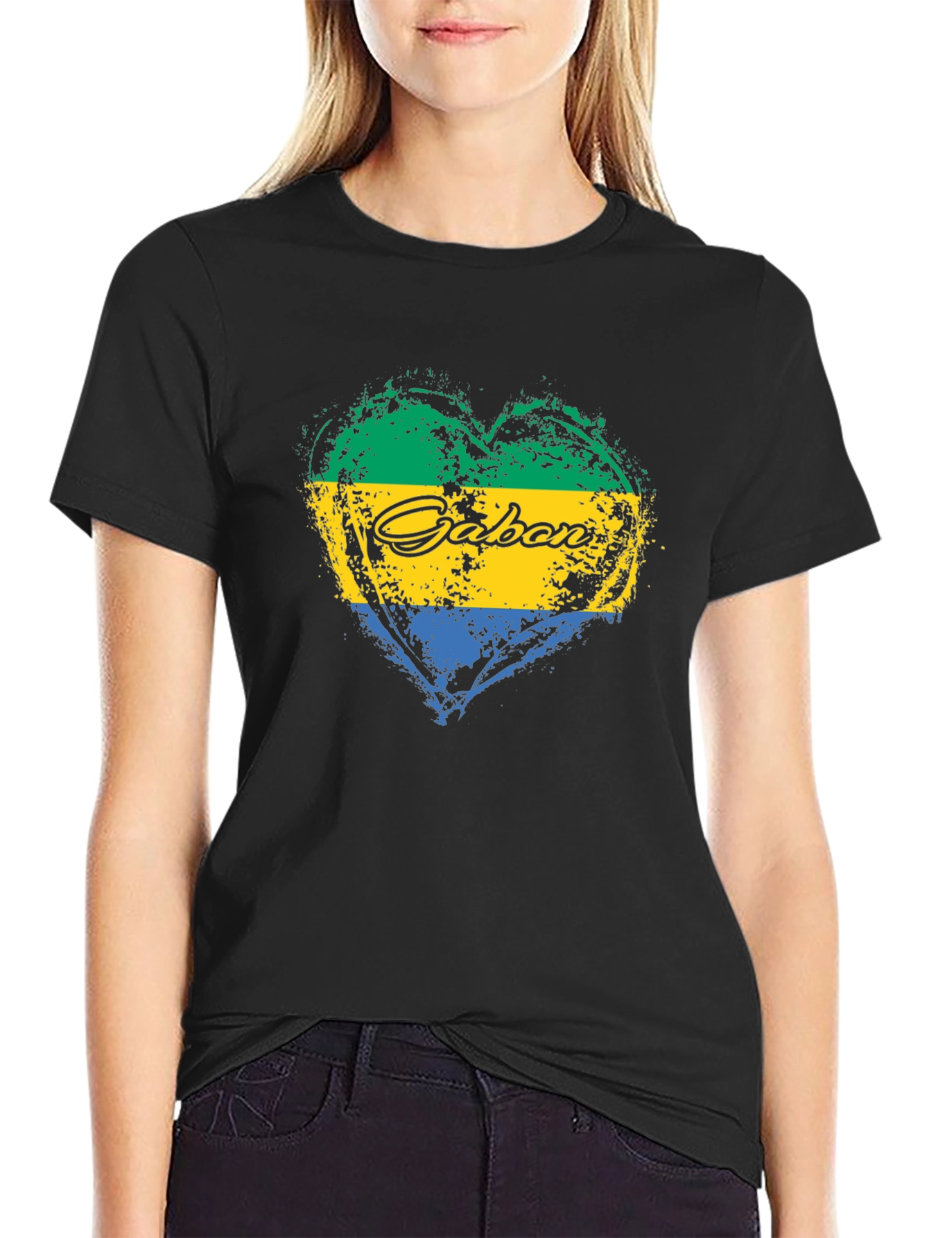Gabon Flag Heart T-Shirt Black Crew Neck