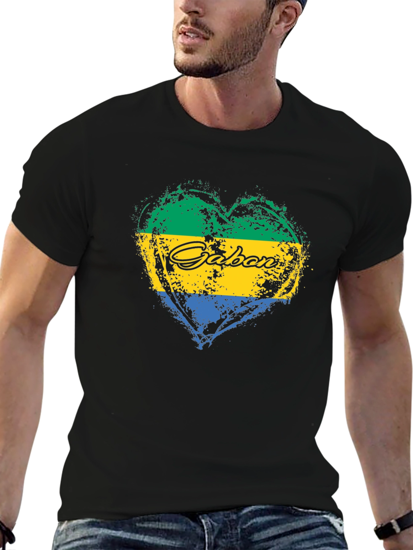 Gabon Flag Heart T-Shirt Black Crew Neck