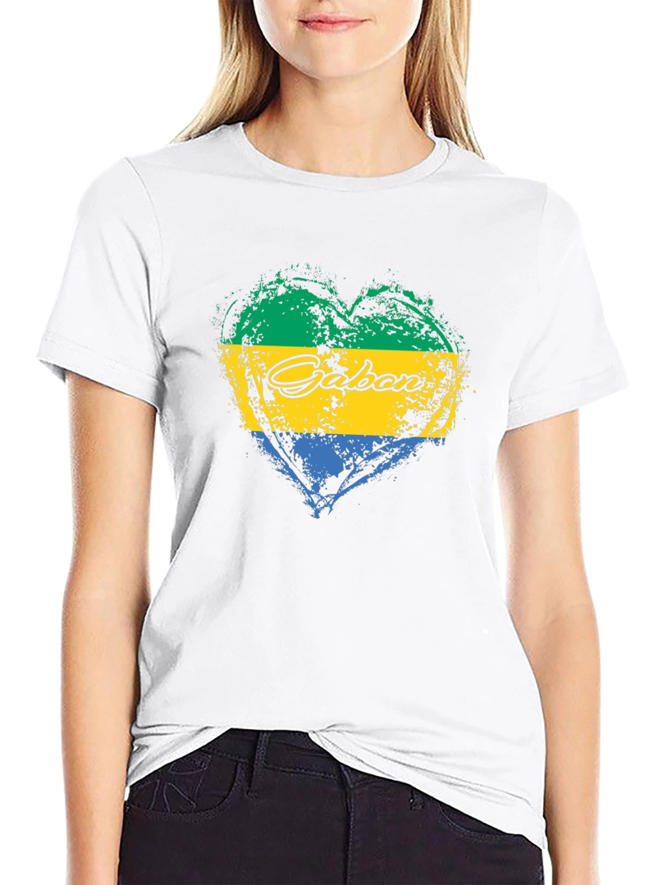 Gabon Flag Heart T-Shirt Black Crew Neck