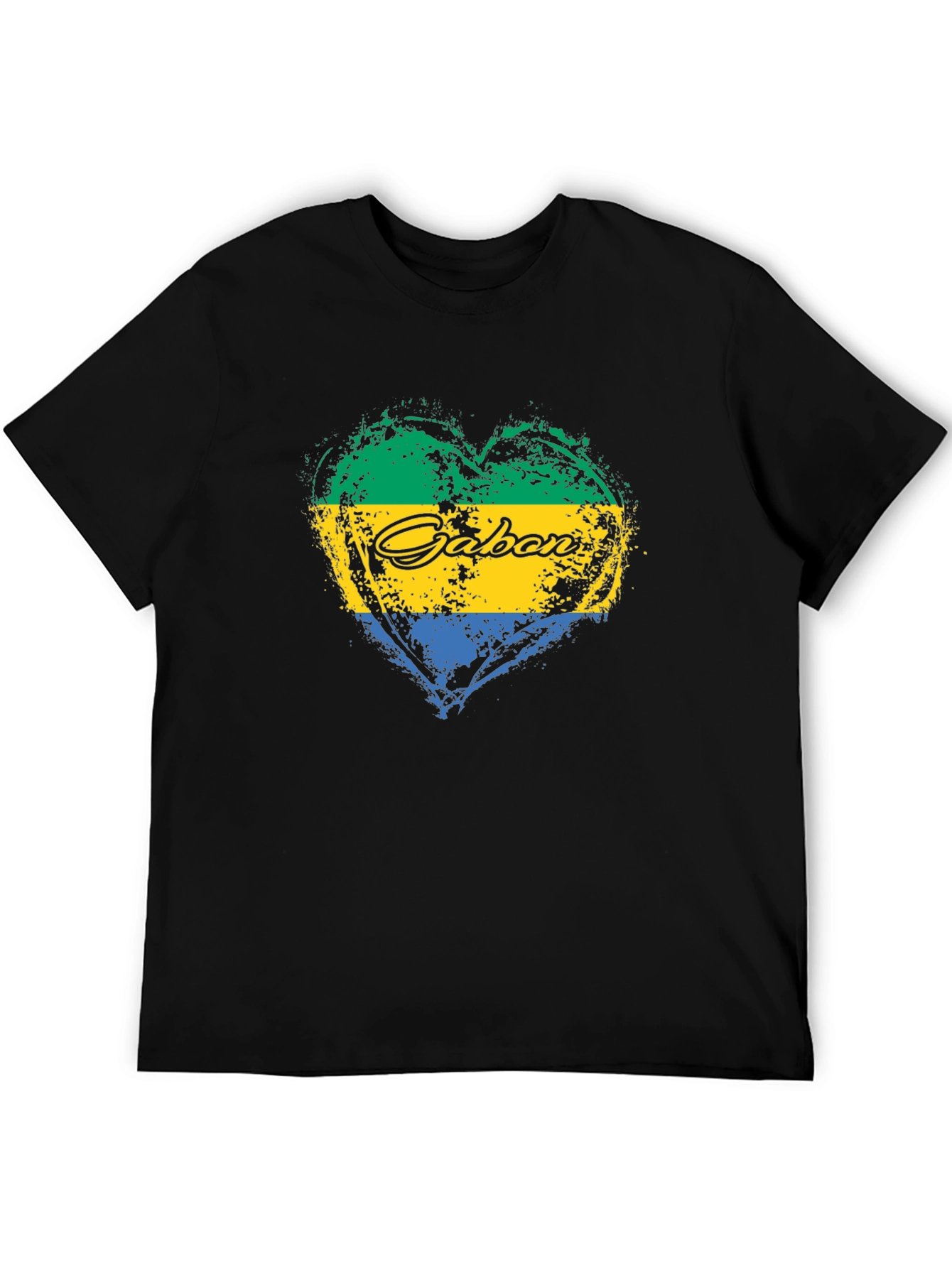 Gabon Flag Heart T-Shirt Black Crew Neck