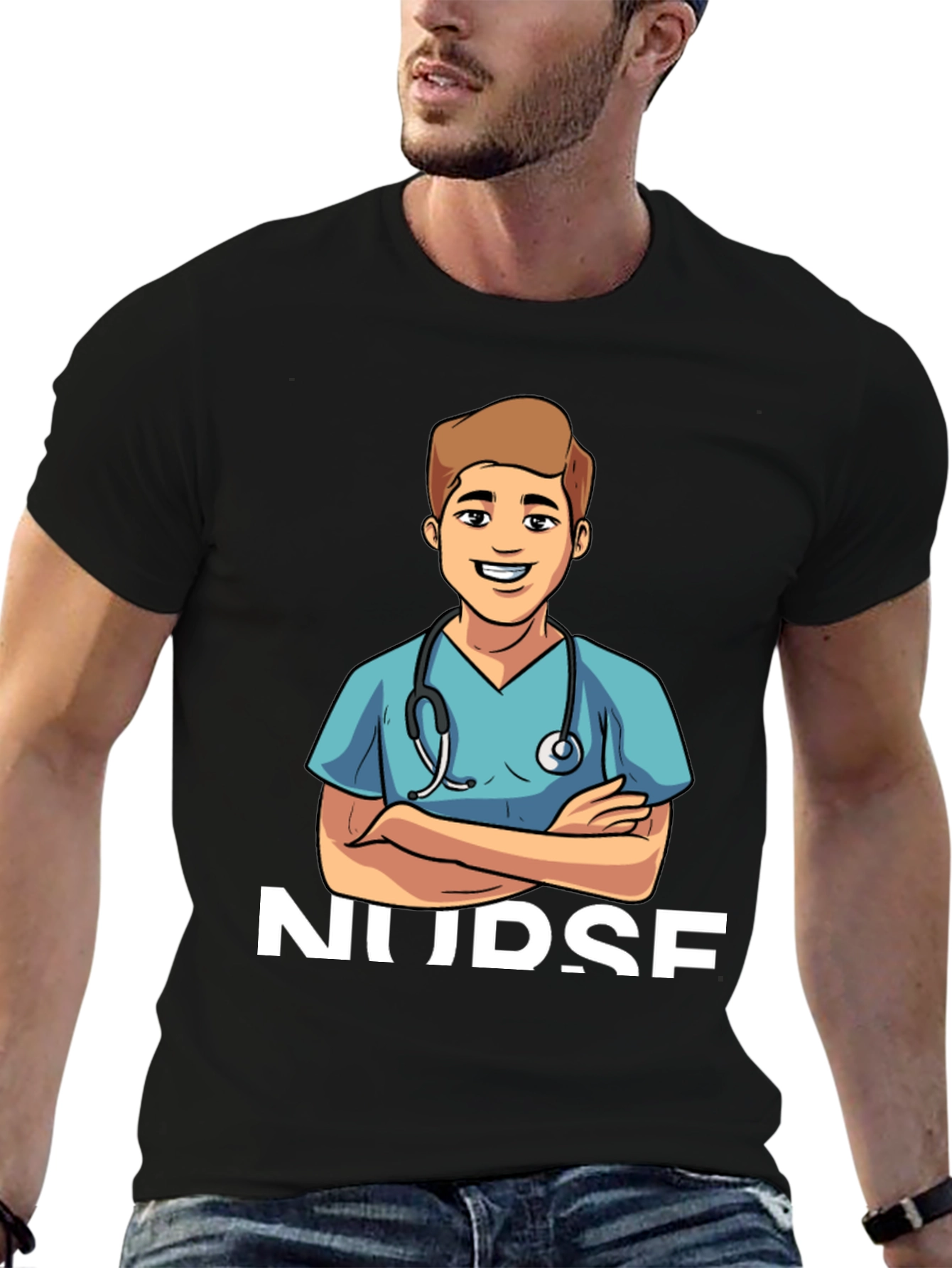Cartoon Nurse T-Shirt - Black Cotton Blend