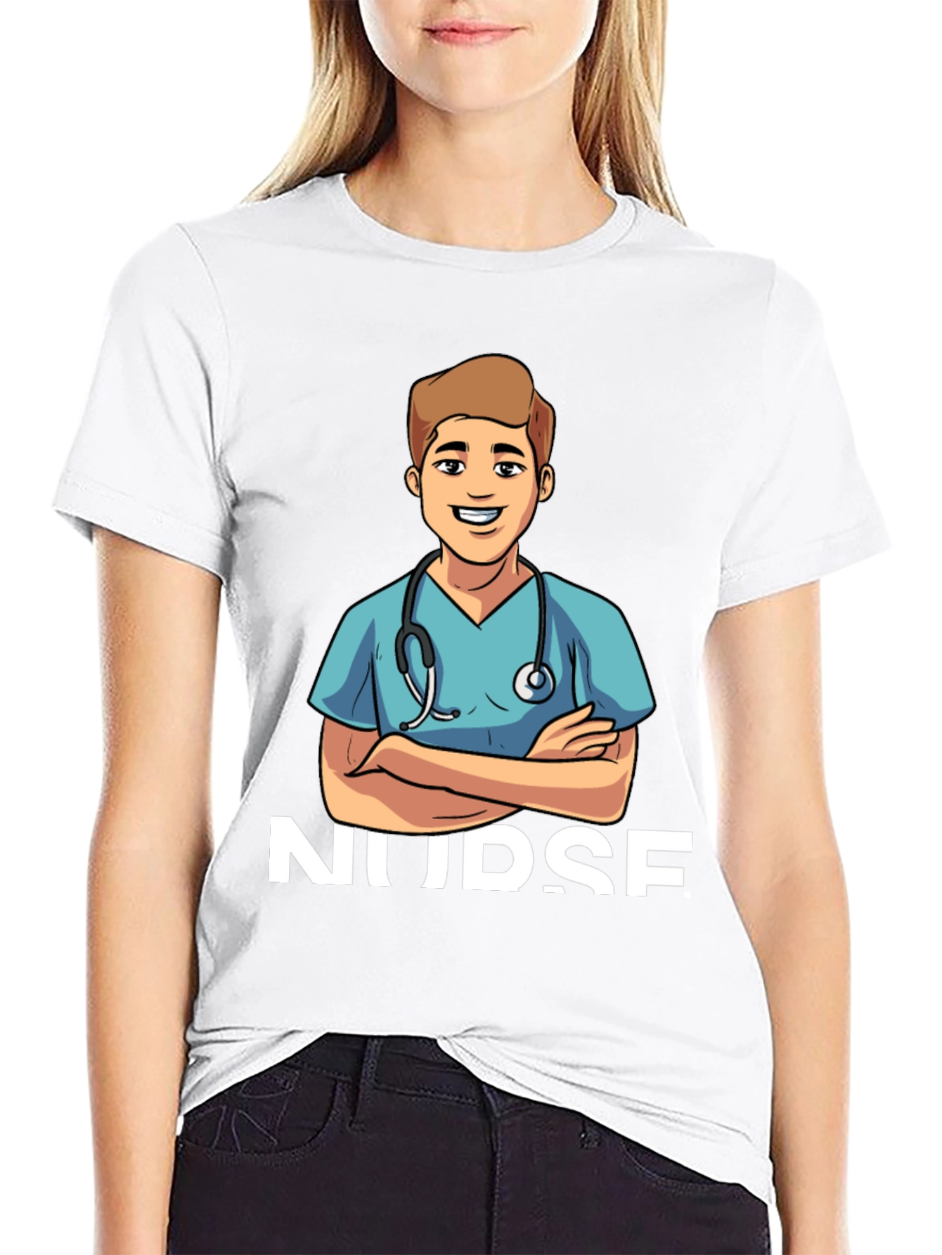 Cartoon Nurse T-Shirt - Black Cotton Blend