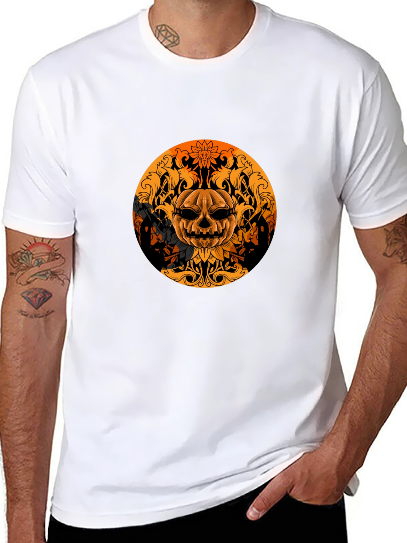 Pumpkin Skull Graphic Tee - Black Halloween Shirt