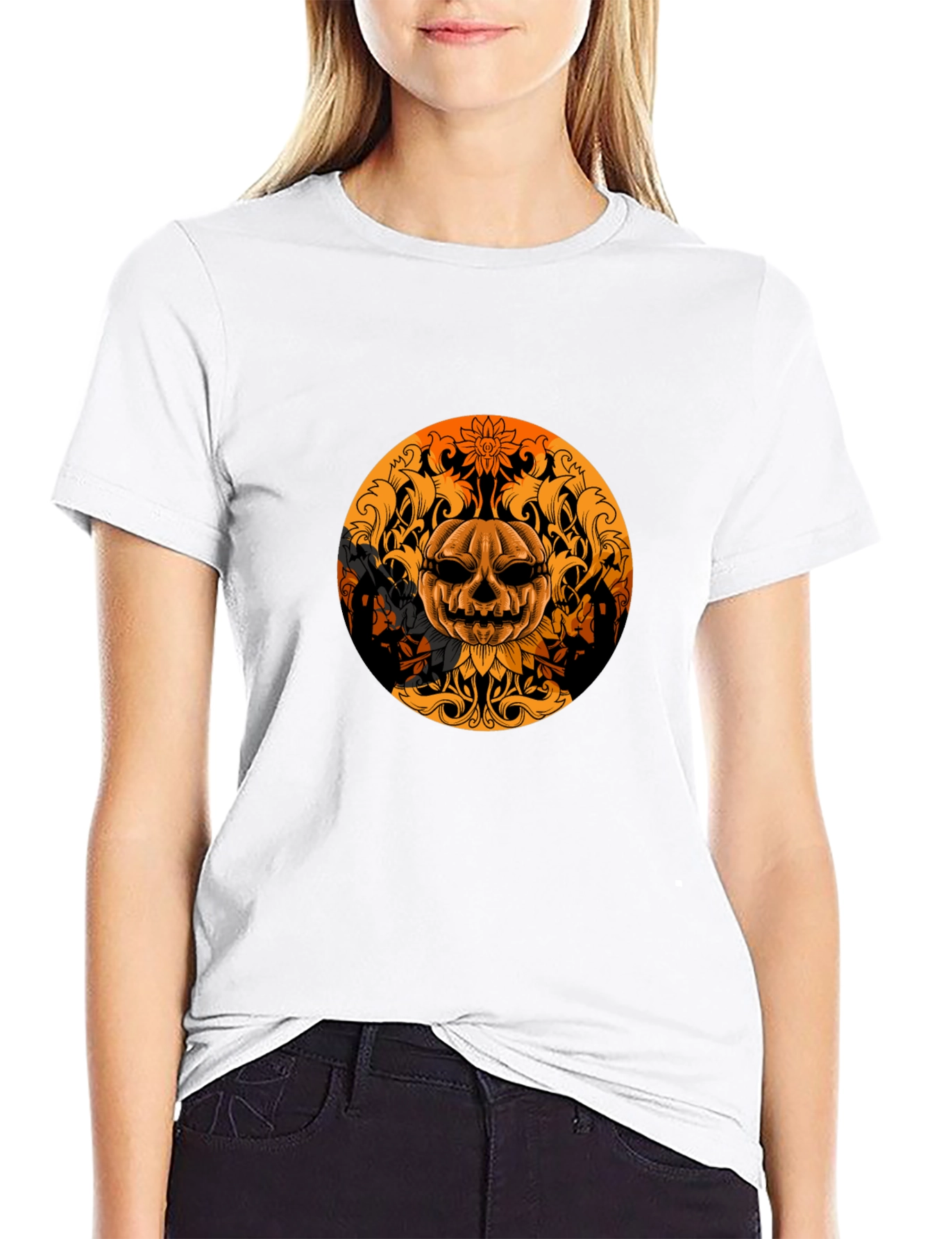 Pumpkin Skull Graphic Tee - Black Halloween Shirt