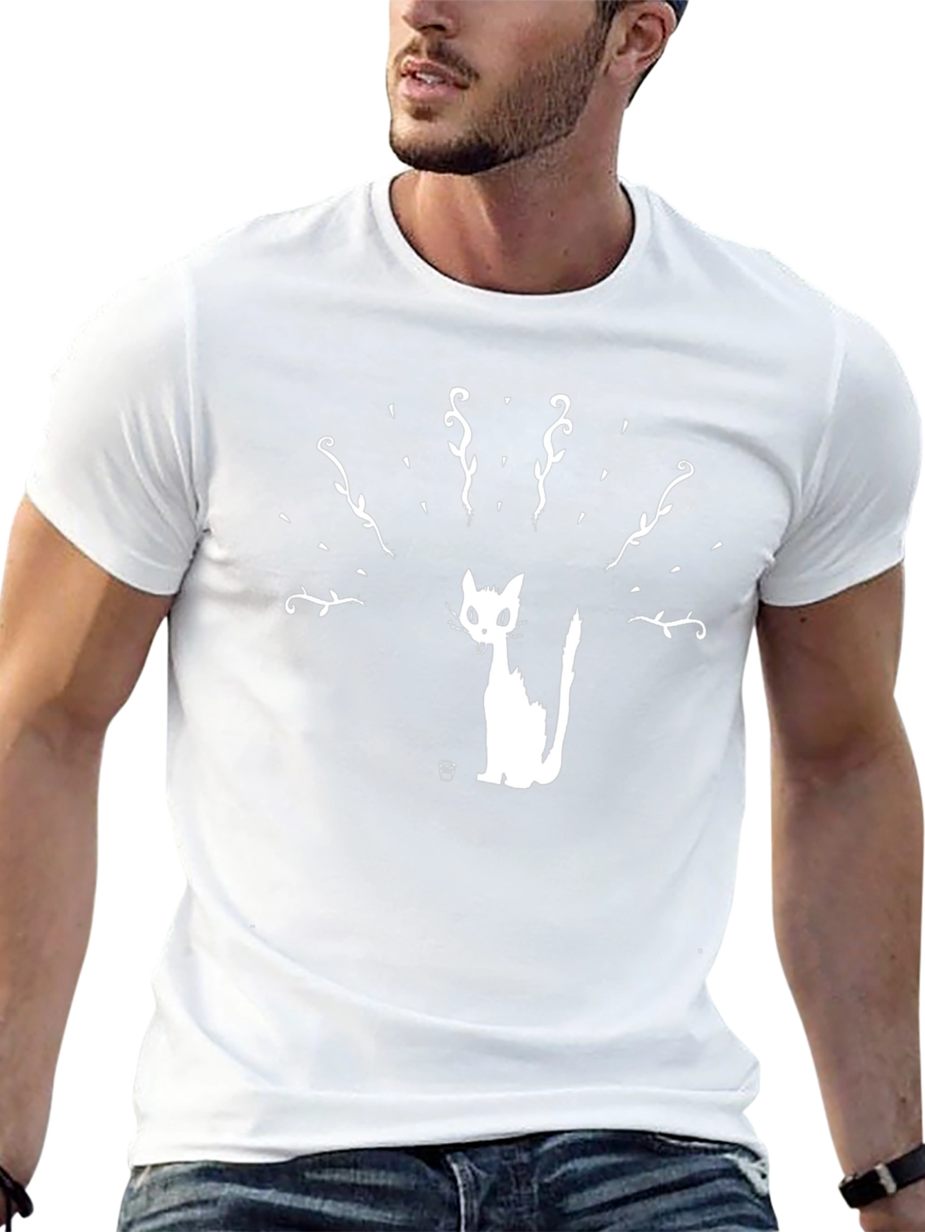 Black T-Shirt with Cat Silhouette Print