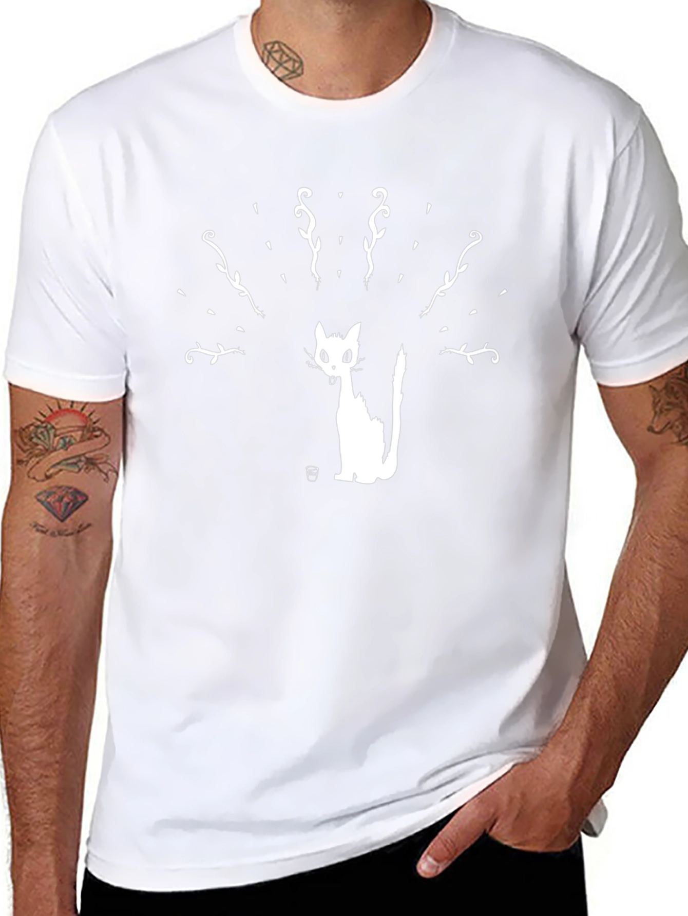 Black T-Shirt with Cat Silhouette Print