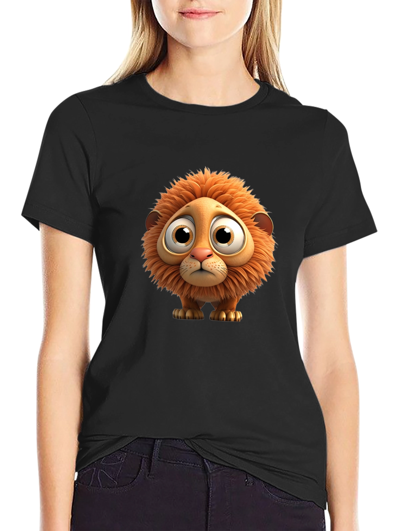 Cartoon Lion Graphic Black T-Shirt