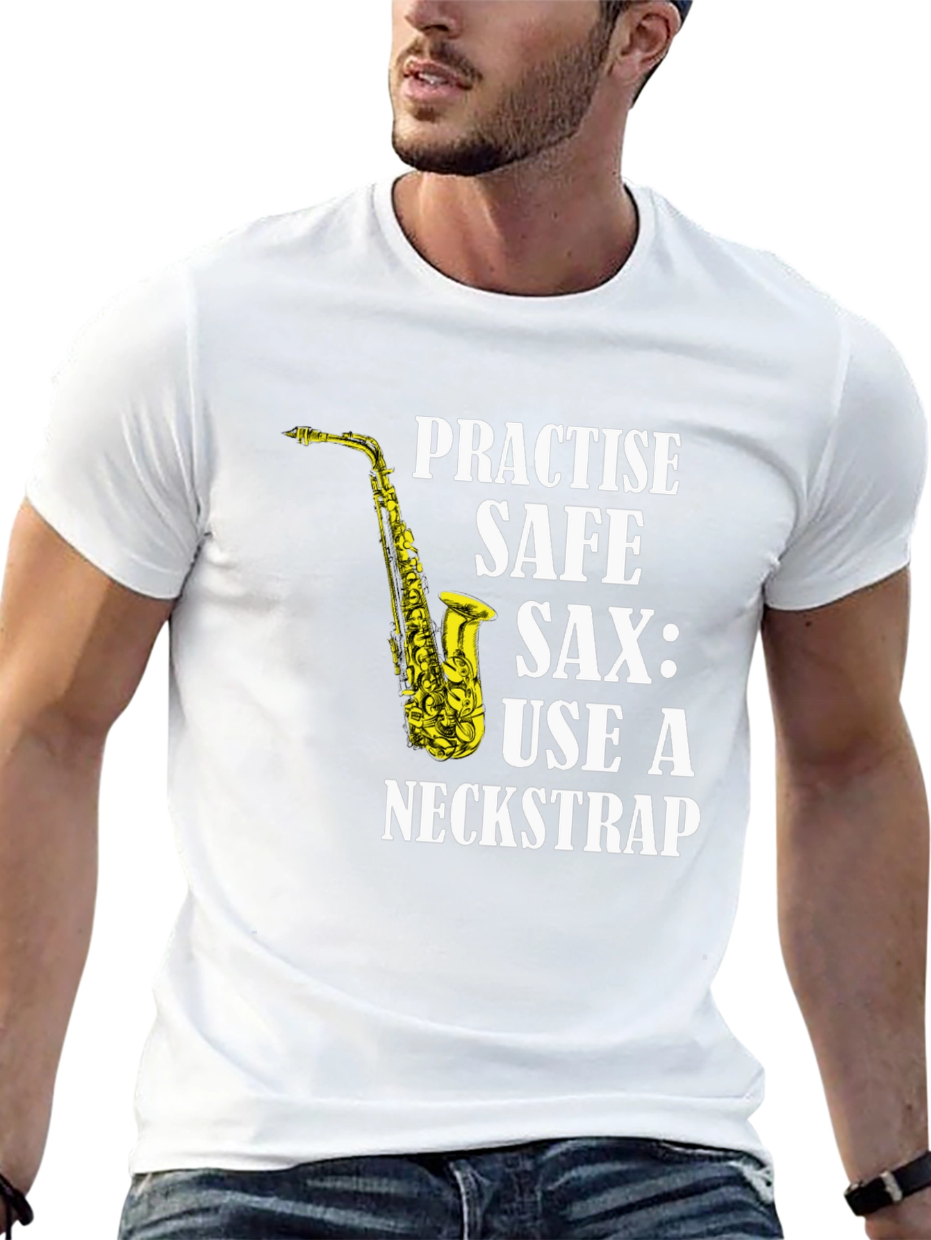Practise Safe Saxophone T-Shirt - Use a Neckstrap