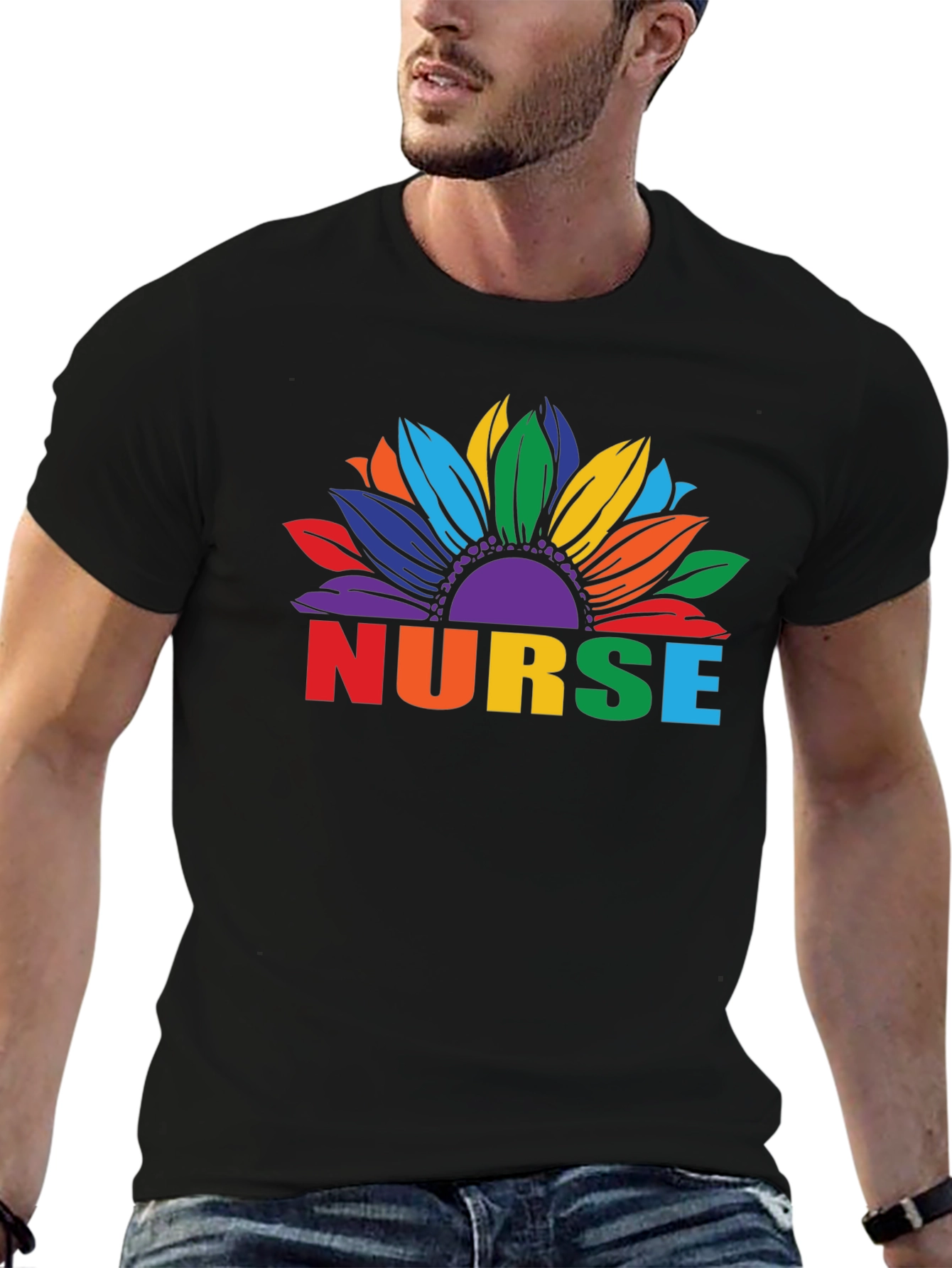 Rainbow Sunflower Nurse Graphic T-Shirt