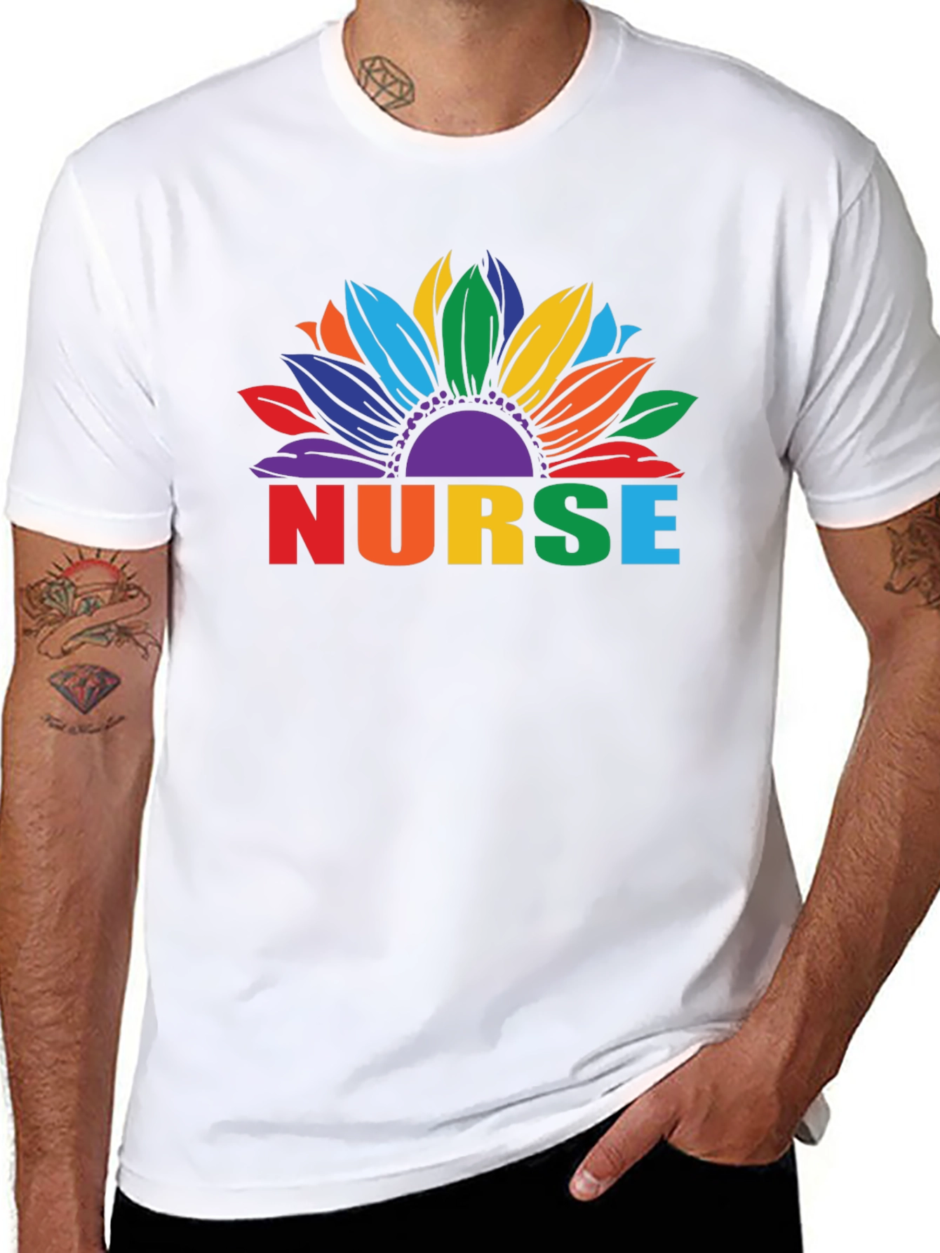 Rainbow Sunflower Nurse Graphic T-Shirt