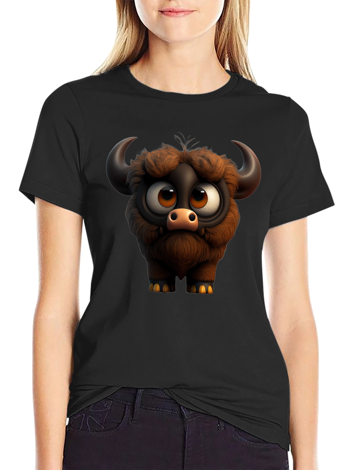 Cute Cartoon Buffalo Graphic Tee - Black