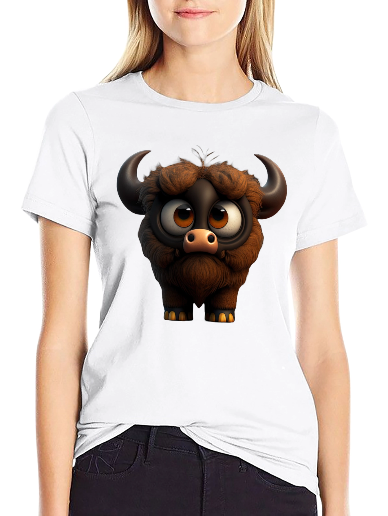 Cute Cartoon Buffalo Graphic Tee - Black