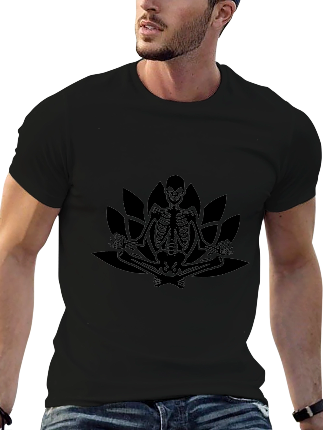 Meditating Skeleton Lotus Graphic Tee - Black