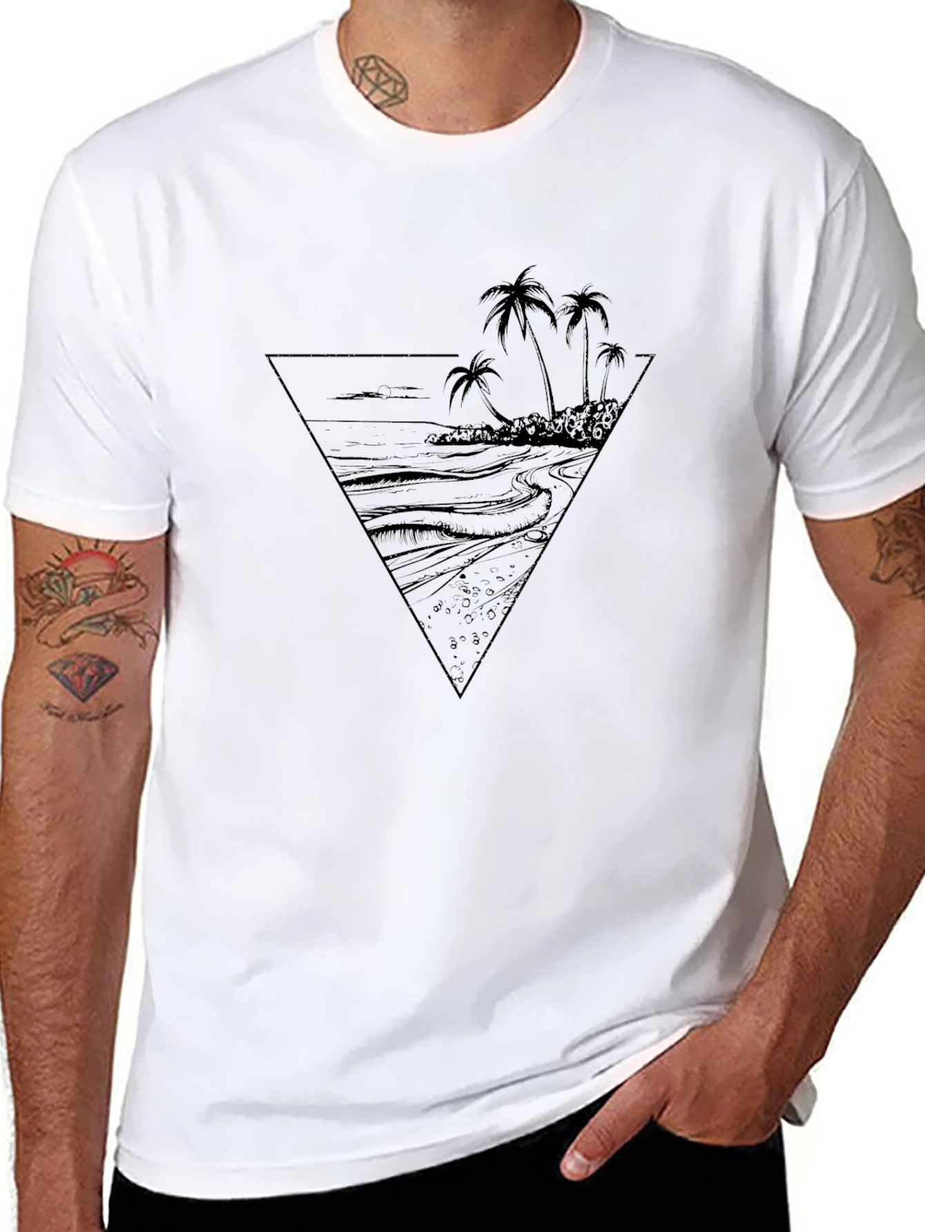 Black T-Shirt with Tropical Beach Graphic