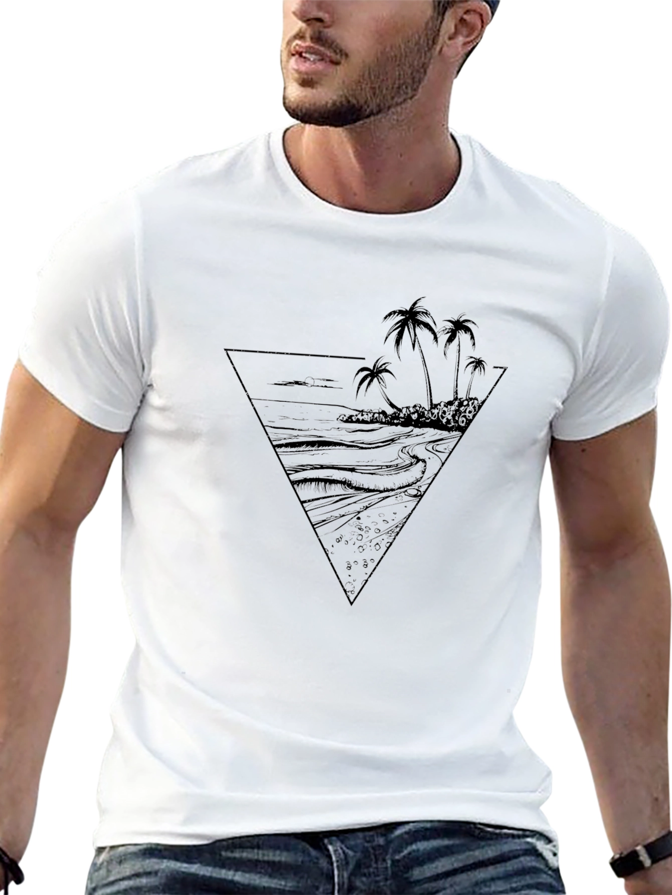 Black T-Shirt with Tropical Beach Graphic