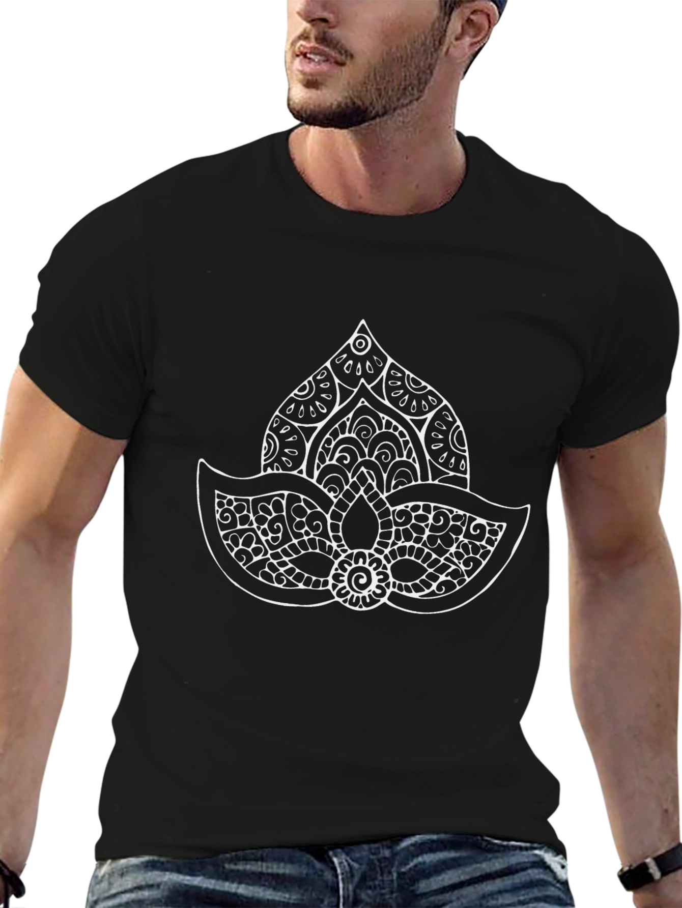 Black Tee with Lotus Mandala Design